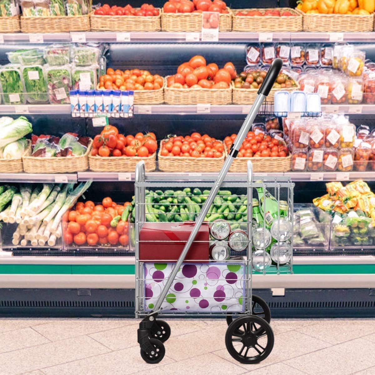 Carrito de compras plegable, carrito de supermercado de doble cesta con barra de mango ancho ajustable y ruedas giratorias, adecuado para libros de