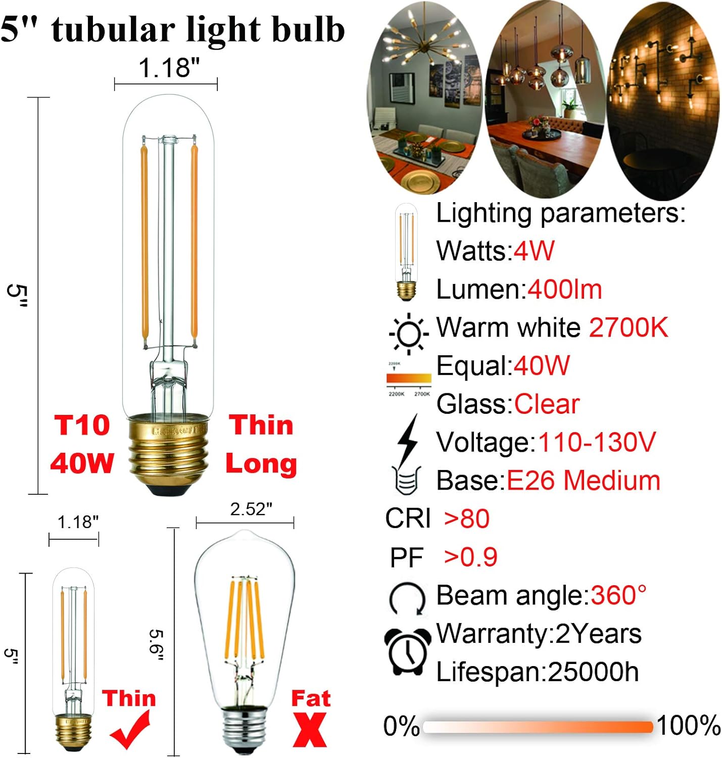 LiteHistory Bombilla LED E26 regulable de 4 W igual a 40 W, blanco cálido, 2700 K, E26, Edison AC120V, 400 lm, tubular, T9 T10, bombilla LED para