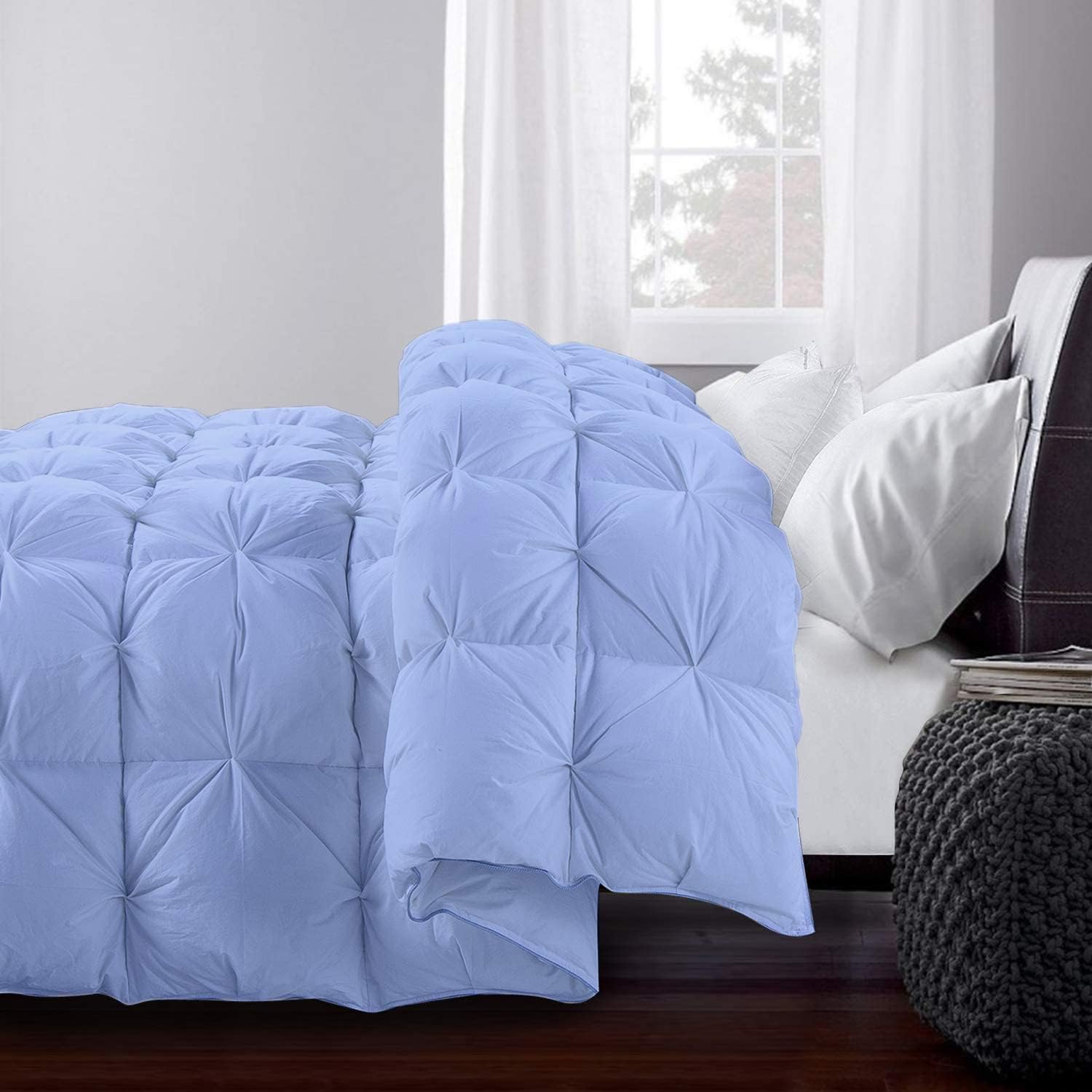Lujo para todas las estaciones, calidad de hotel, estilo pintuck, 100% algodón orgánico, edredón plisado de 1 pieza con 4 pestañas en las esquinas,