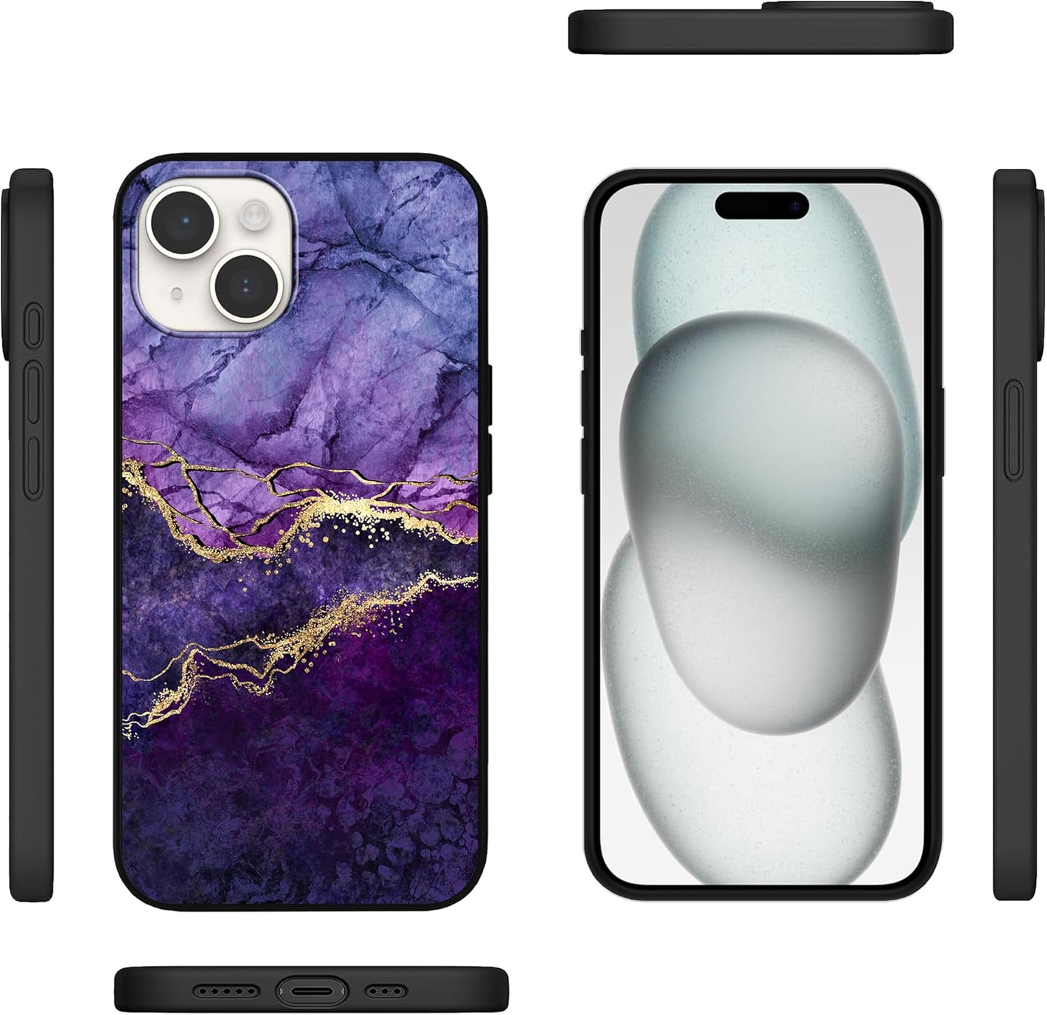 Diseñada para iPhone 15 Plus, funda de teléfono con patrón de mármol morado y venas doradas, para iPhone 15 Plus de 6.7 pulgadas, TPU suave,