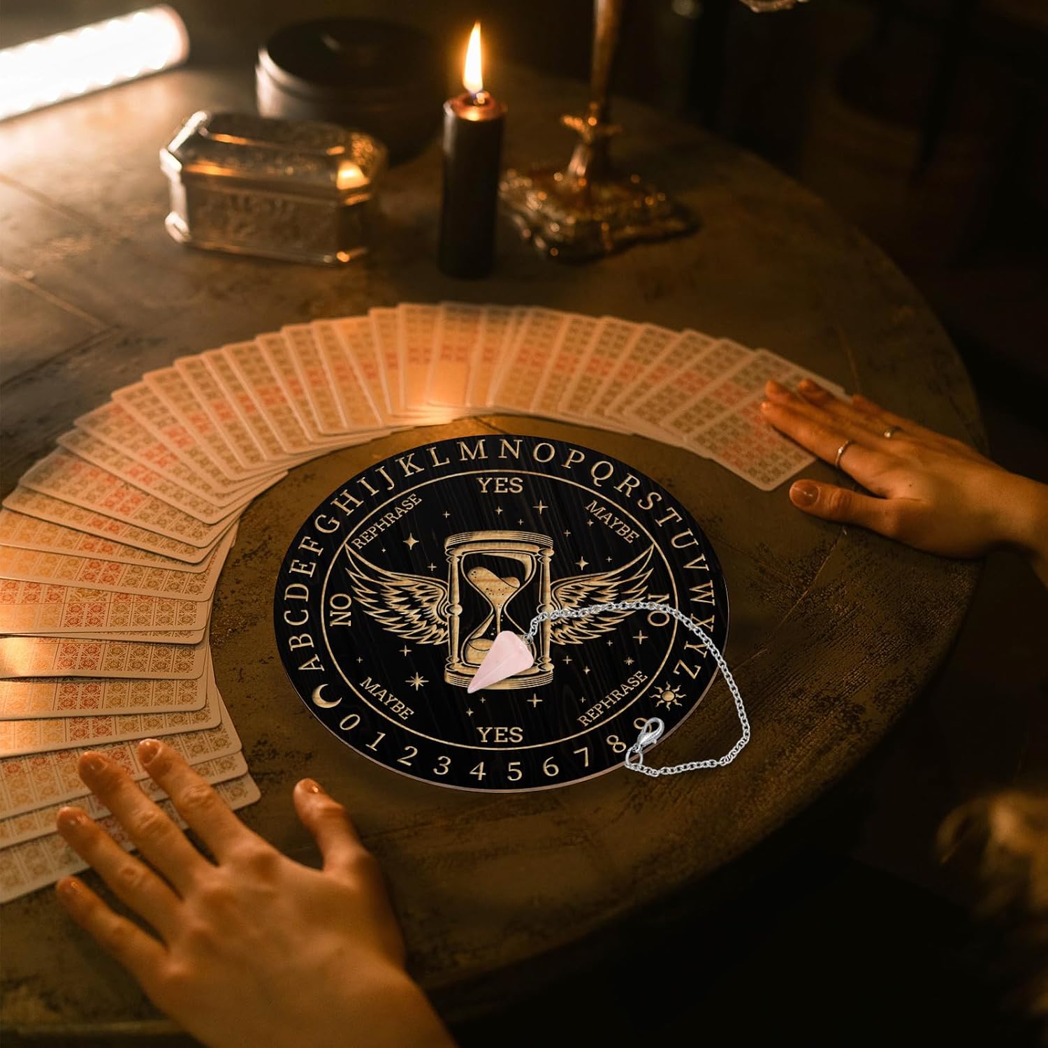 AHANDMAKER Juego de tablero de péndulo, tablero de adivinación de madera para radiestesia, tablero de mensajes metafísicos con collar de péndulo de