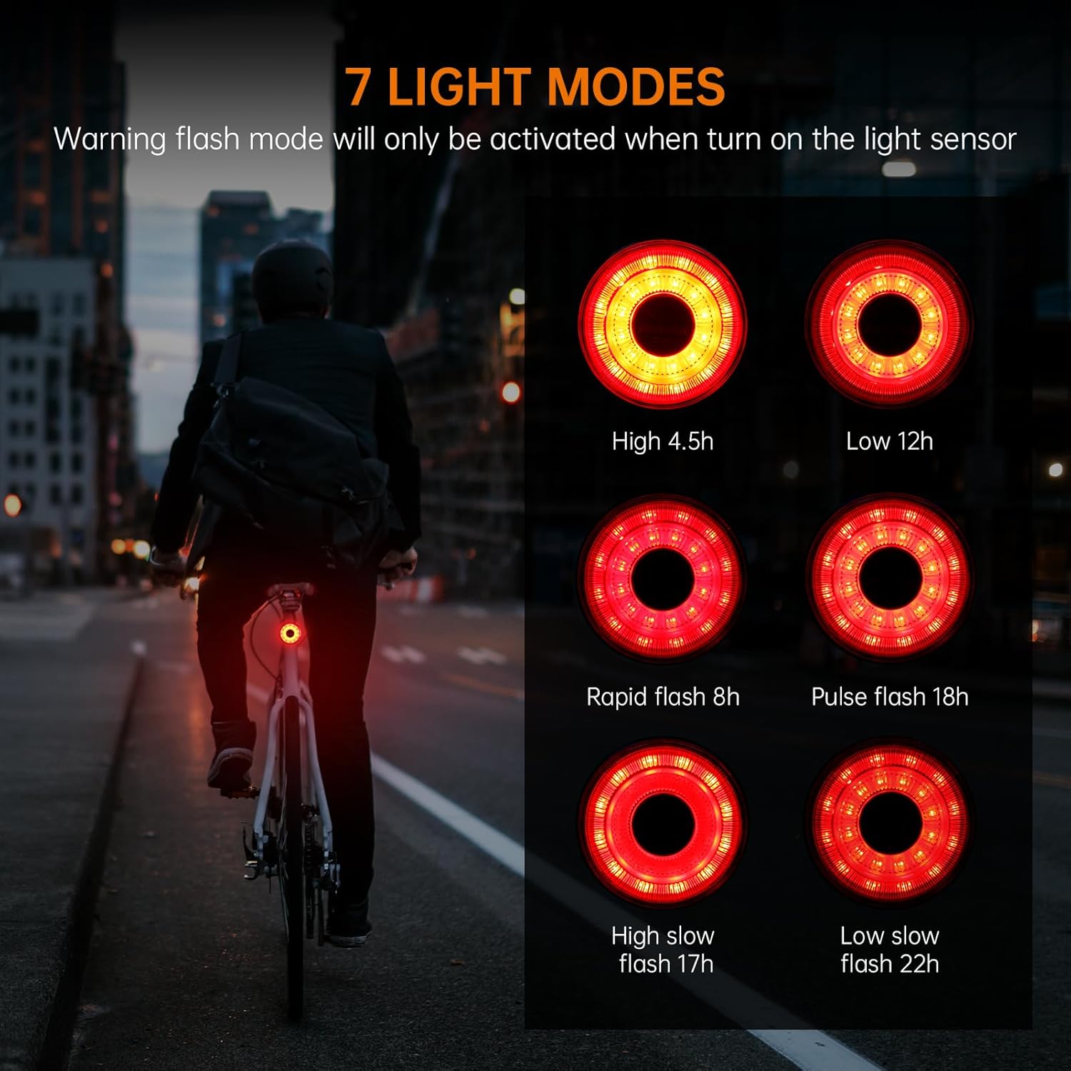 RAVEMEN Luz trasera para bicicleta, 30 lúmenes recargable USB C luz trasera en modo intermitente de advertencia con sensor de luz, IPX6 impermeable