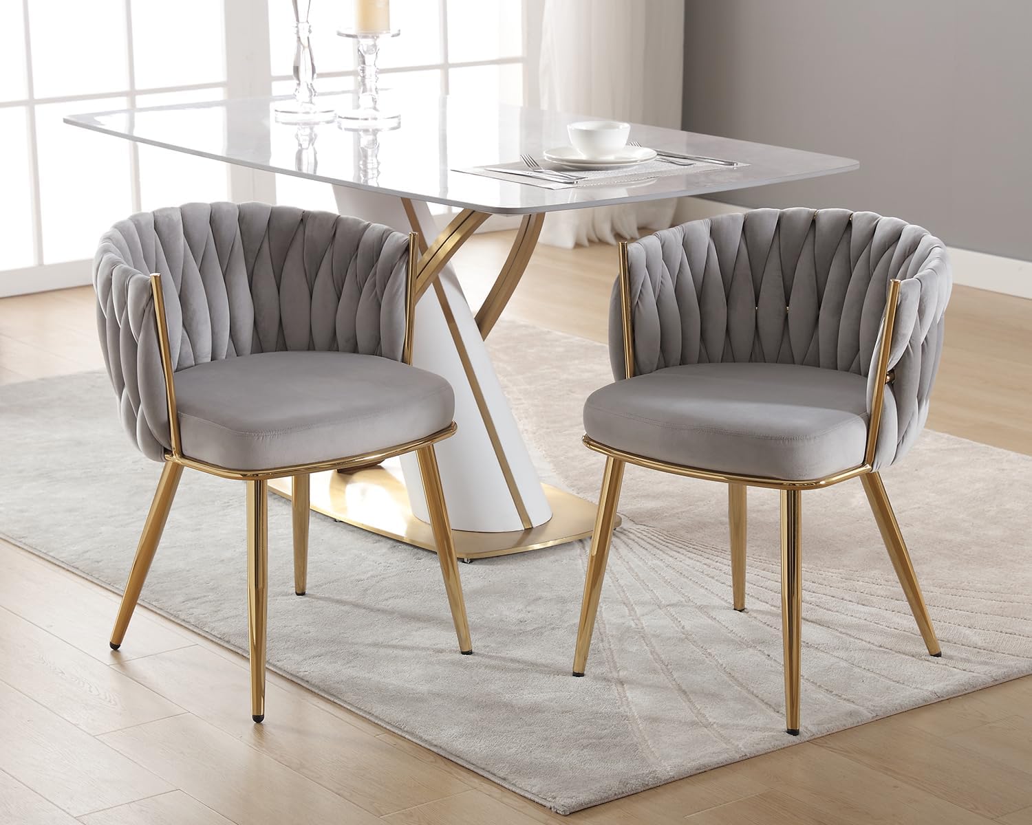 KCC Juego de 2 sillas de comedor de terciopelo, sillas de comedor modernas doradas con patas de metal, sillas de comedor tapizadas tejidas para