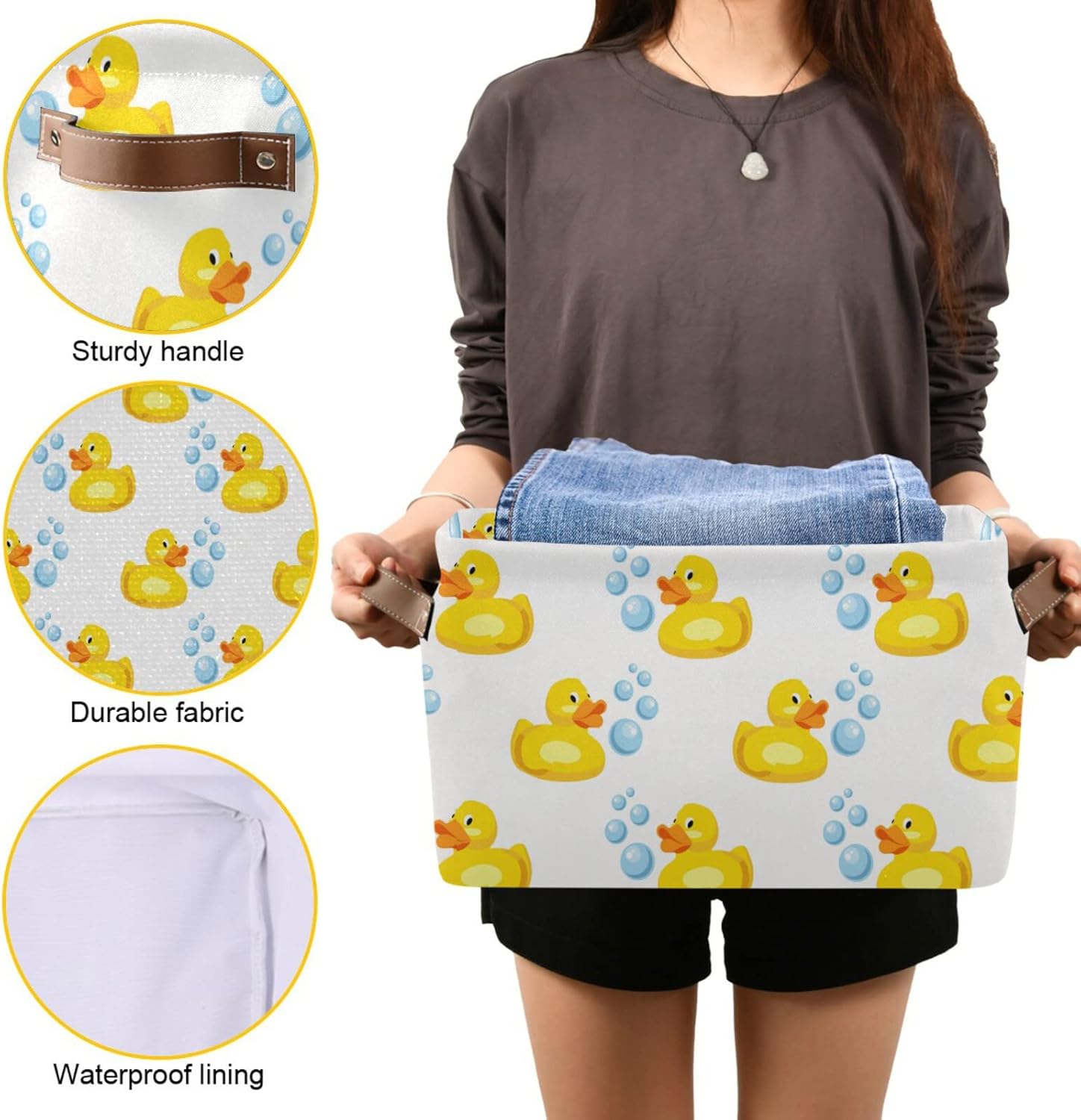 Cesta de almacenamiento rectangular de patos de goma amarillos, caja de almacenamiento plegable con asas de cuero, cestas de lavandería, organizador
