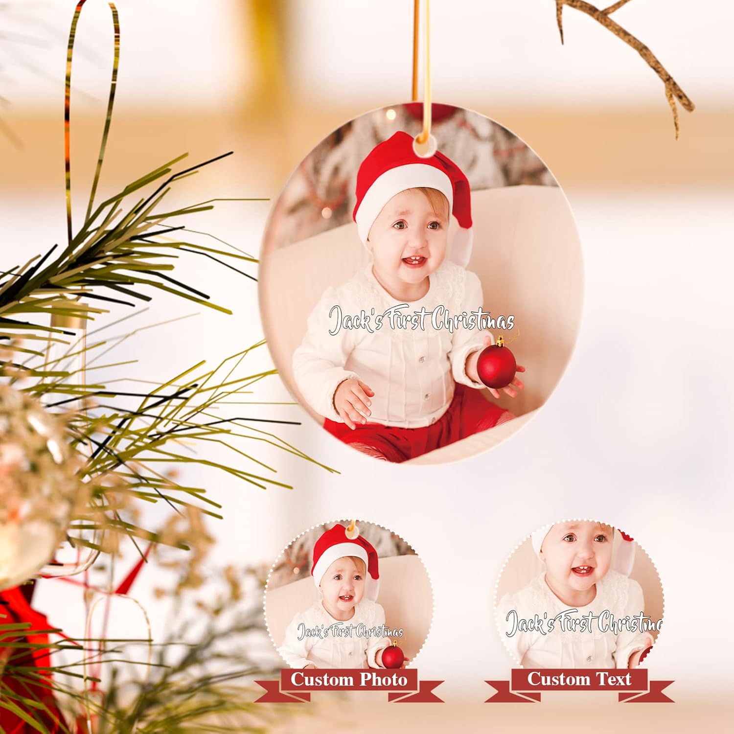 Bemaystar Adornos de Navidad personalizados con foto, adornos de texto personalizados para Navidad 2023, decoración personalizada de árbol de