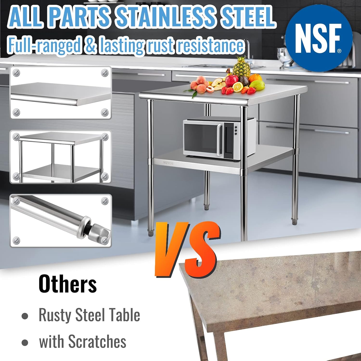 VEVOR Stainless Steel Prep Table, 30 x 30 x 36 Inch, 800lbs Load Capacity Heavy Duty Metal Worktable with Adjustable Undershelf & Feet, Commercial