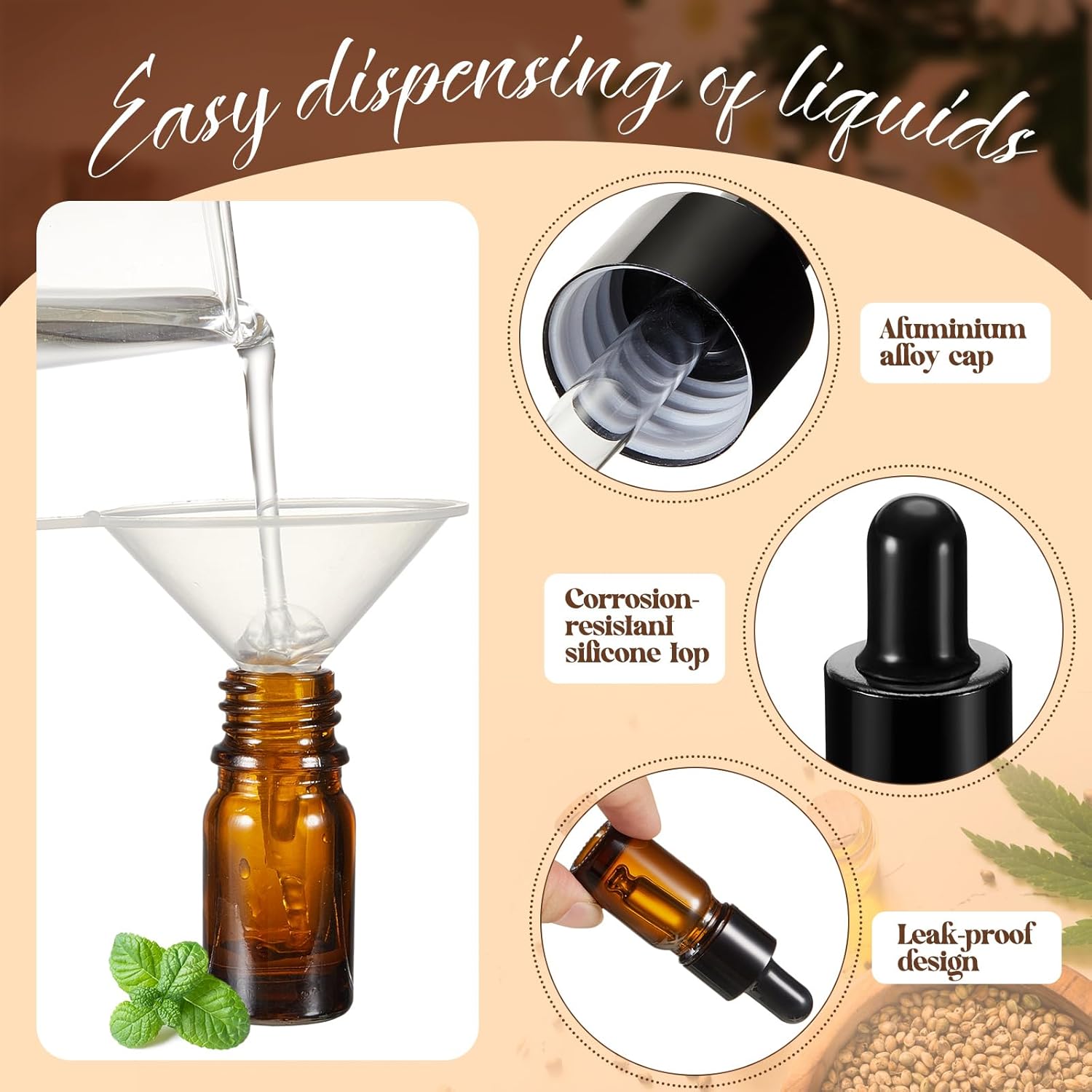 Uiifan Paquete de 100 botellas con cuentagotas de vidrio ámbar de 0.2 fl oz con 5 pipetas de plástico de 0.1 fl oz de largo, 5 embudos, 5 hojas de