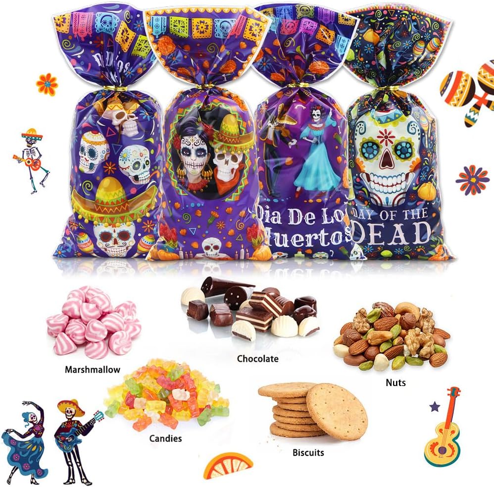 Day of the Dead – Bolsas de golosinas para dulces, 100 unidades Dia de Los Muertos, bolsas de golosinas mexicanas de 4 estilos de caléndula de