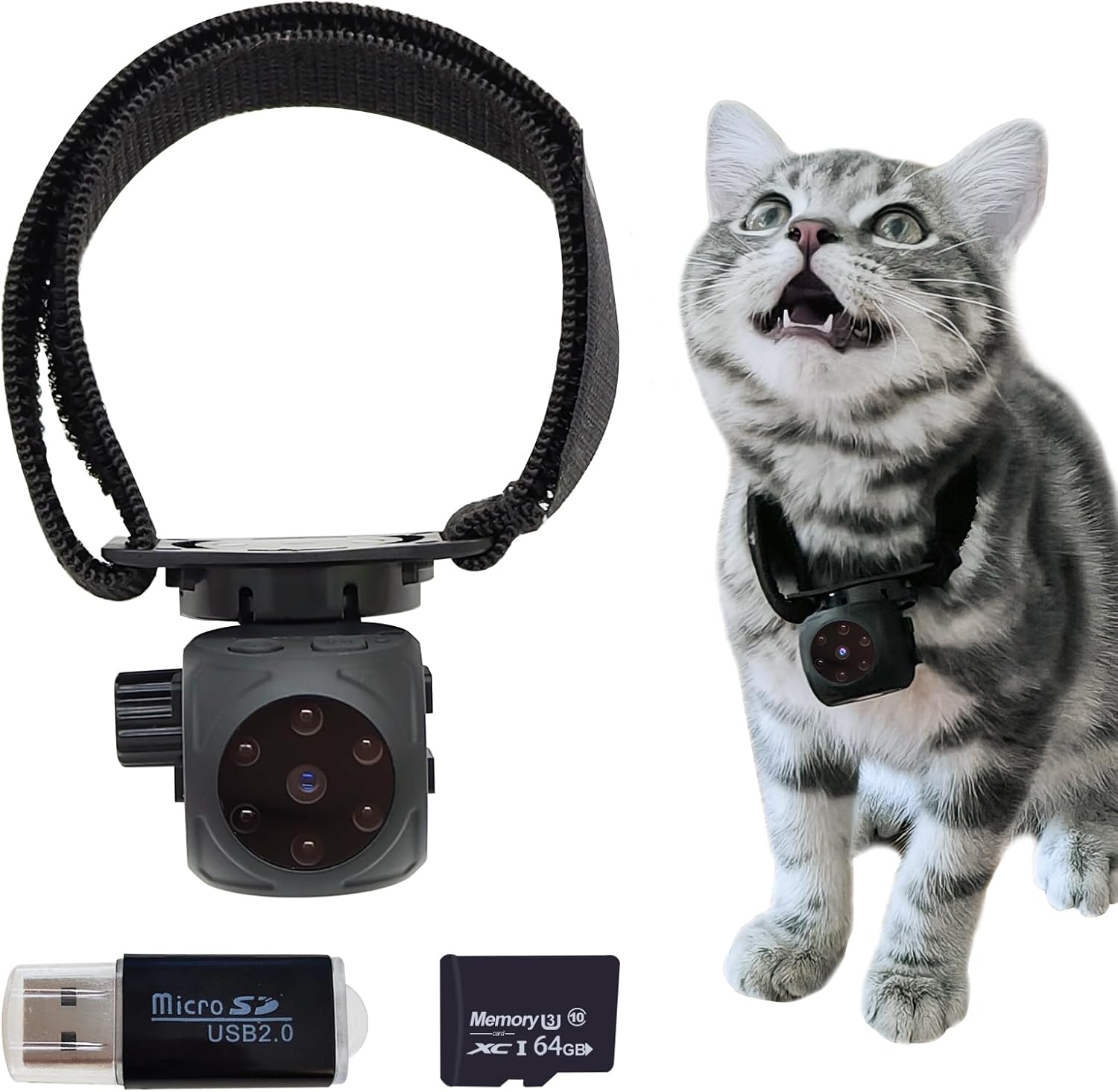 Cámara de cuello para mascotas y cámara de collar de gato, cámara espía con tarjeta SD de audiovideo, collar de rastreador de perros, grabación de
