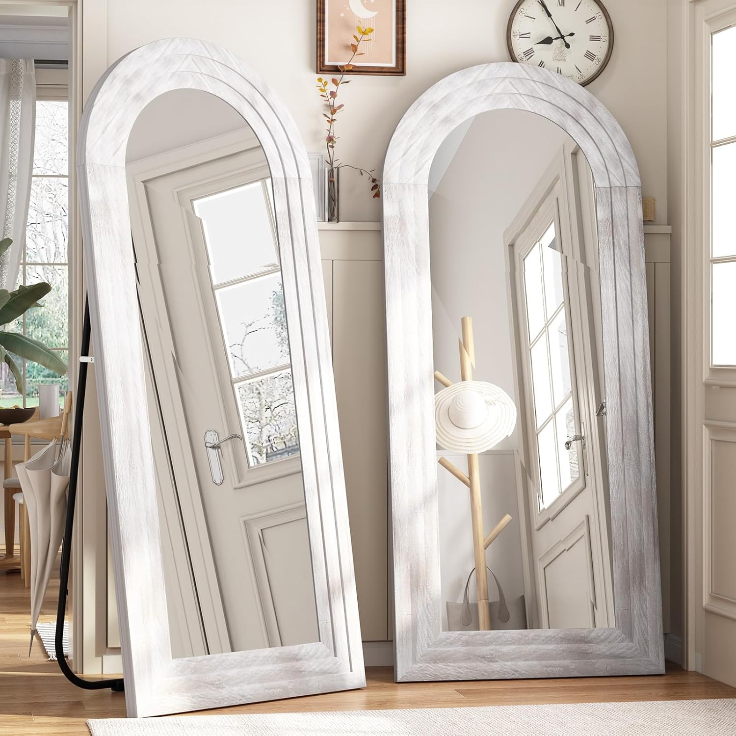 ZHUNFA Espejo arqueado de longitud completa con marco de madera maciza, espejo de pared de granja de 65 x 22 pulgadas, con soporte, para colgar