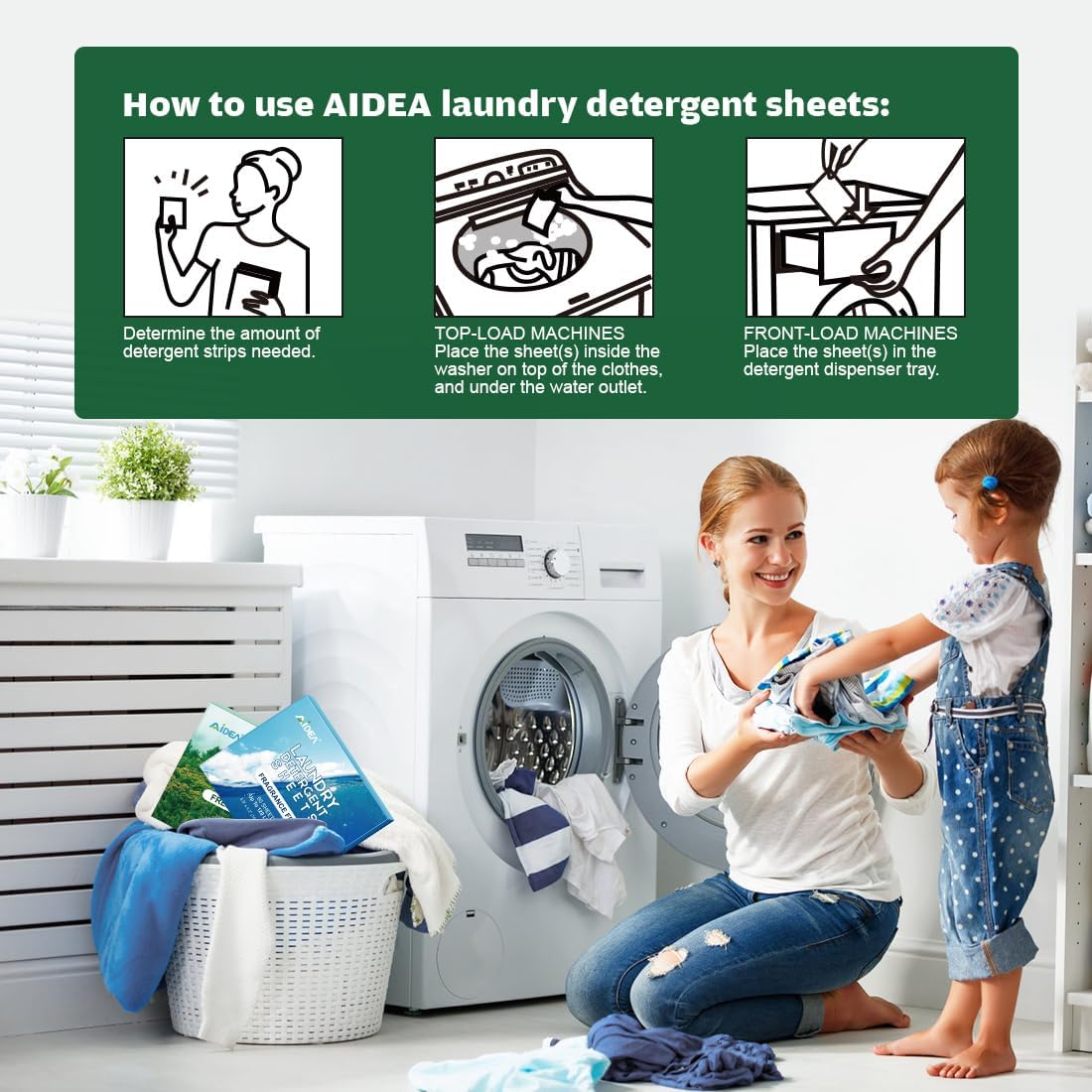 AIDEA Hojas de detergente para ropa, aroma fresco (60 cargas), 30 hojas, detergente ecológico, sin jarra de plástico, hojas de lavadora, hojas de