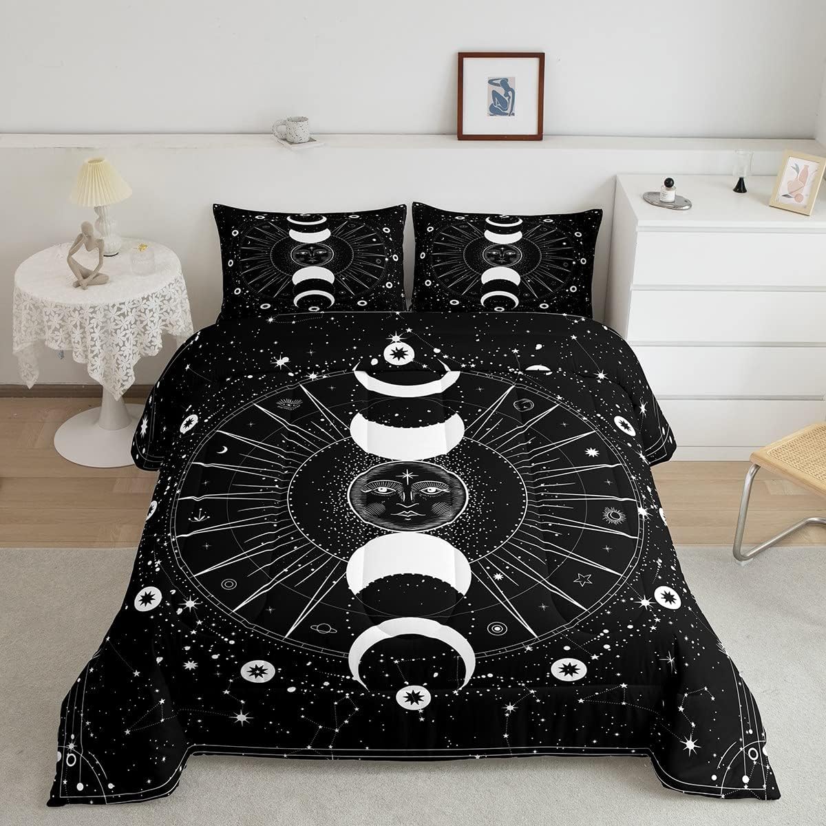 Erosebridal Juego de edredón de sol y luna, tamaño matrimonial, juego de edredón psicodélico con estrellas espaciales, negro, blanco, sol y luna,