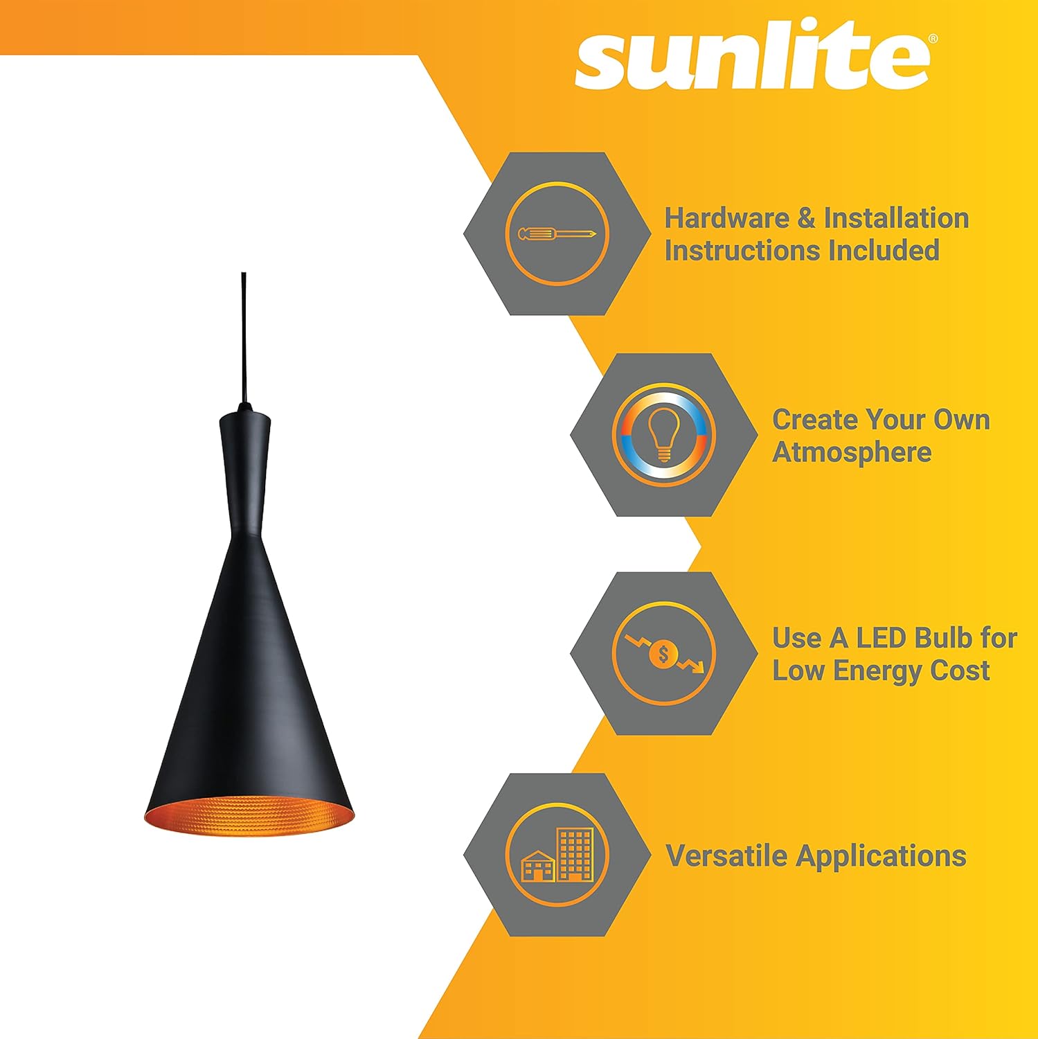 Sunlite 07028-SU – Colgante de cono de inspiración vintage, decoración de granja, base mediana (E26), longitud de cable ajustable de 78 pulgadas,