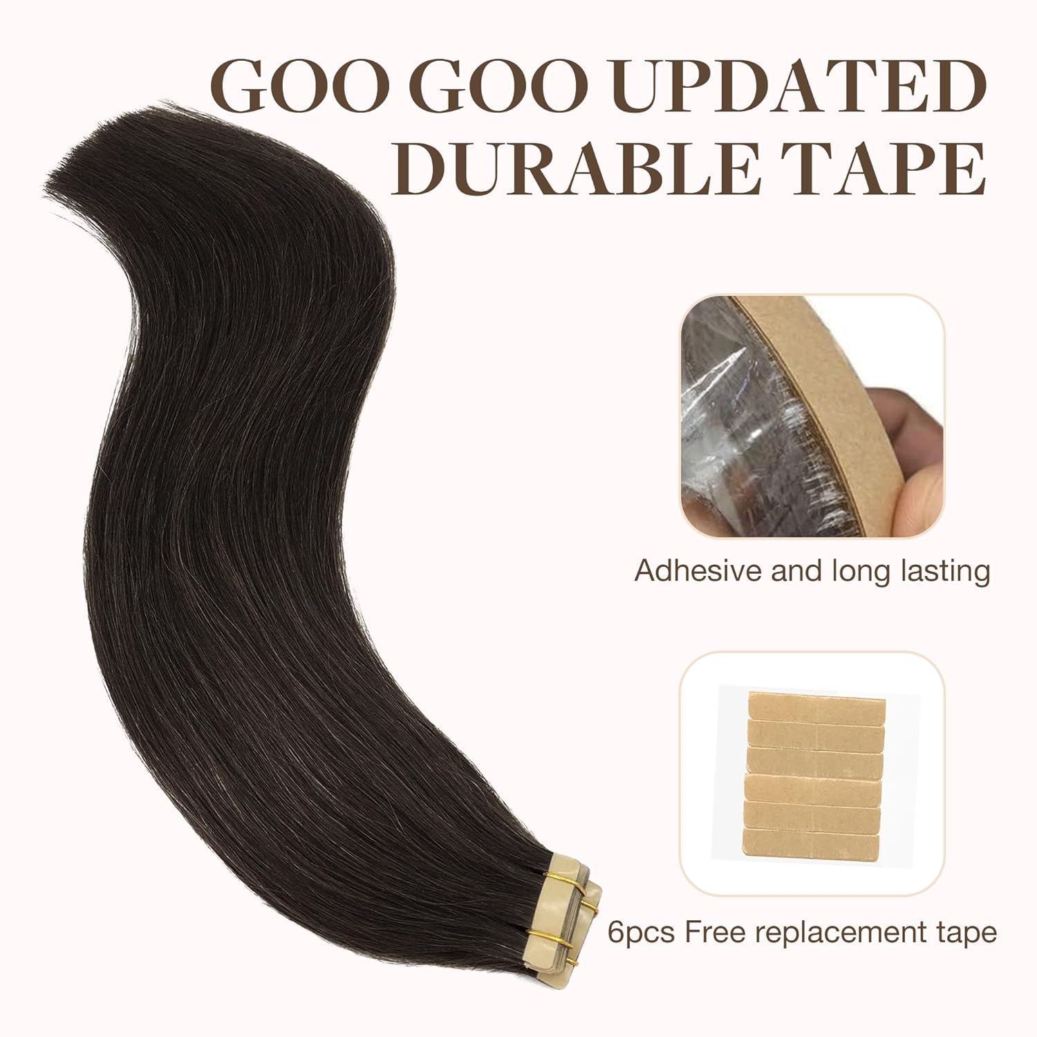 GOO GOO Extensiones de cabello humano con cinta, 2 marrón oscuro, 18 pulgadas, 1.76 onzas, 20 unidades, puntas gruesas, lacio, sin costuras,