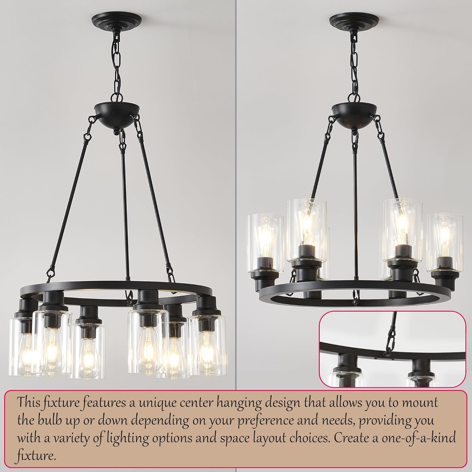Candelabro negro de 24 pulgadas, 6 luces colgantes de cristal estilo casa de campo, isla de cocina, accesorios de iluminación colgantes redondos