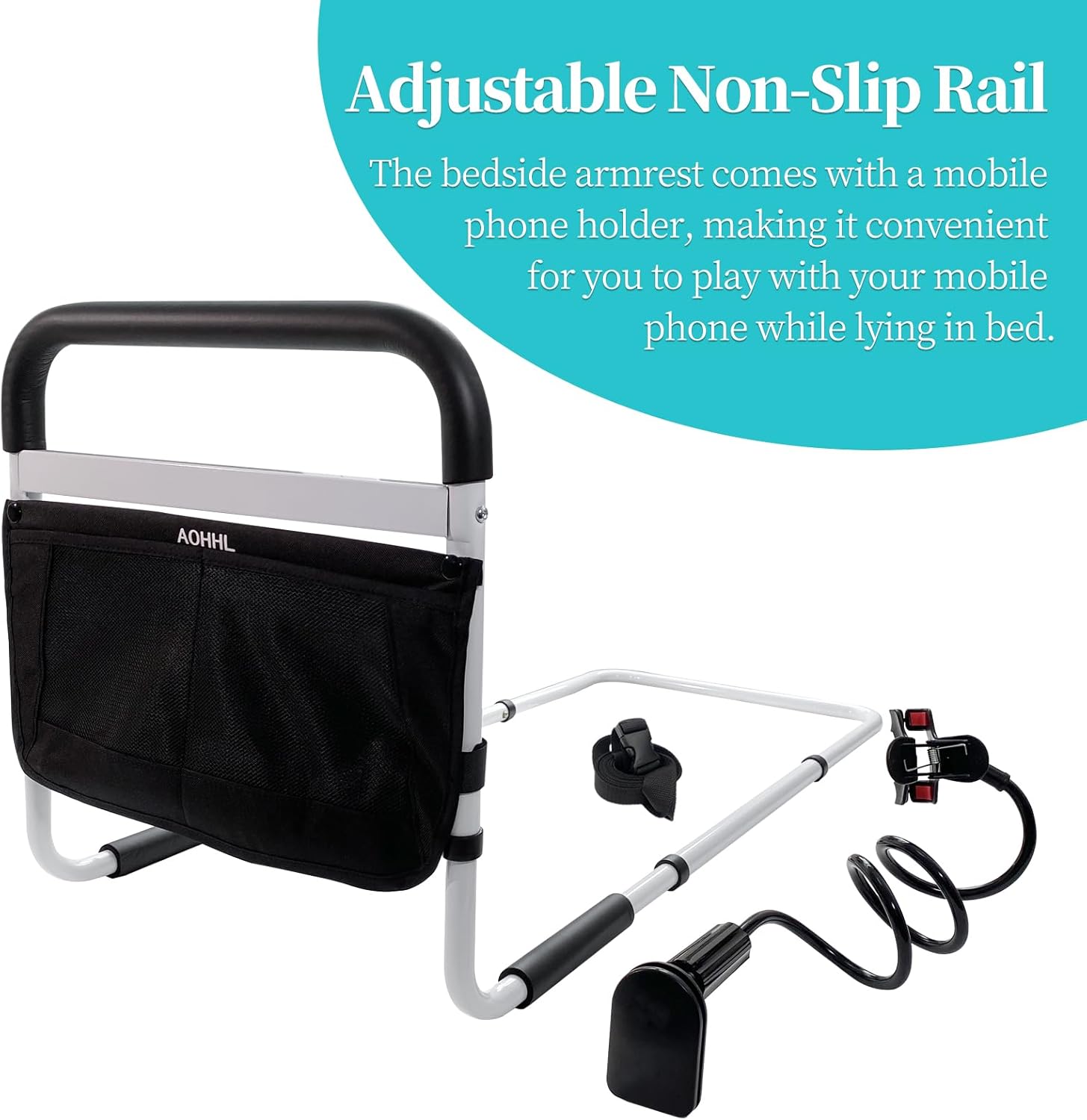 Rieles de cama para adultos mayores de seguridad con alturas ajustables, bolsillo de almacenamiento de asistencia, barandillas laterales para
