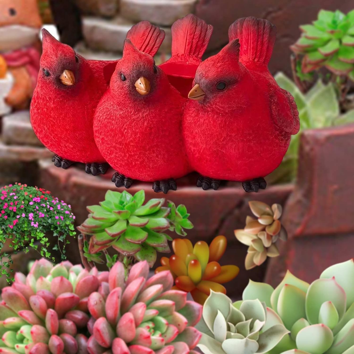 Maceta de trío cardenal de resina, maceta de trillizos de pájaros rojos, resina creativa de tres pájaros pequeños, estatua de adorno de interior