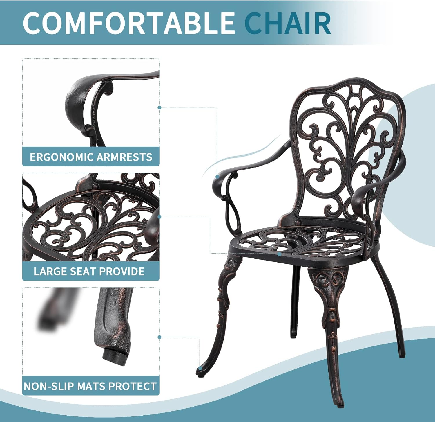 Withniture Bistro – Juego de 3 piezas de mesa y silla de bistró al aire libre, juego de 2 muebles de patio de aluminio fundido con agujero para