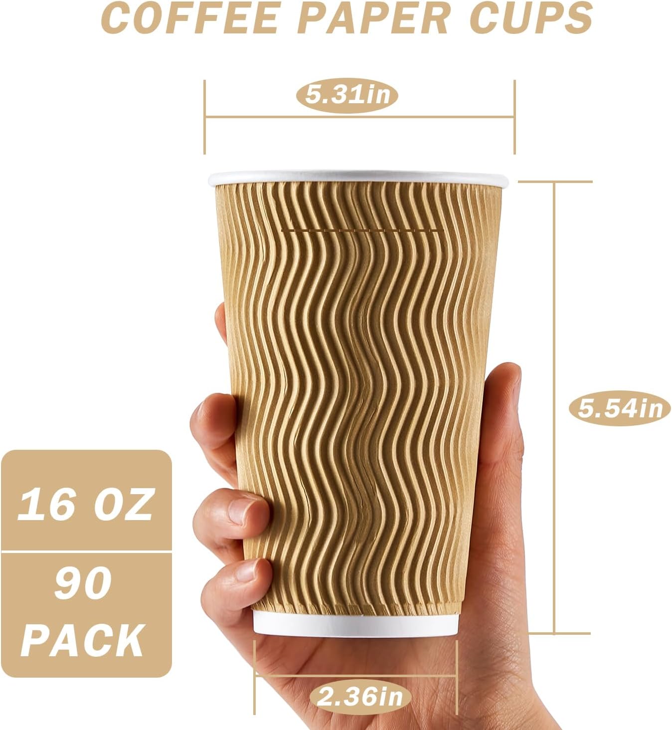 Clawsoff Paquete de 90 tazas de café desechables de 16 onzas sin tapas, tazas de café de papel de pared onduladas con aislamiento champán de 16