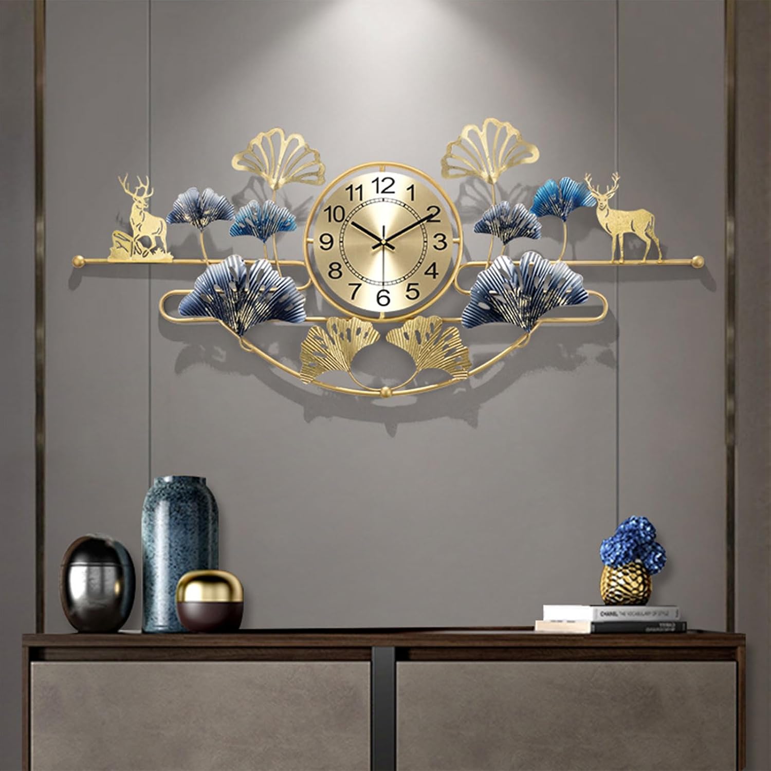 Reloj de pared grande silencioso con diseño de hoja de ginkgo de metal creativo, funciona con pilas, para decoración de sala de estar, dorado, 40