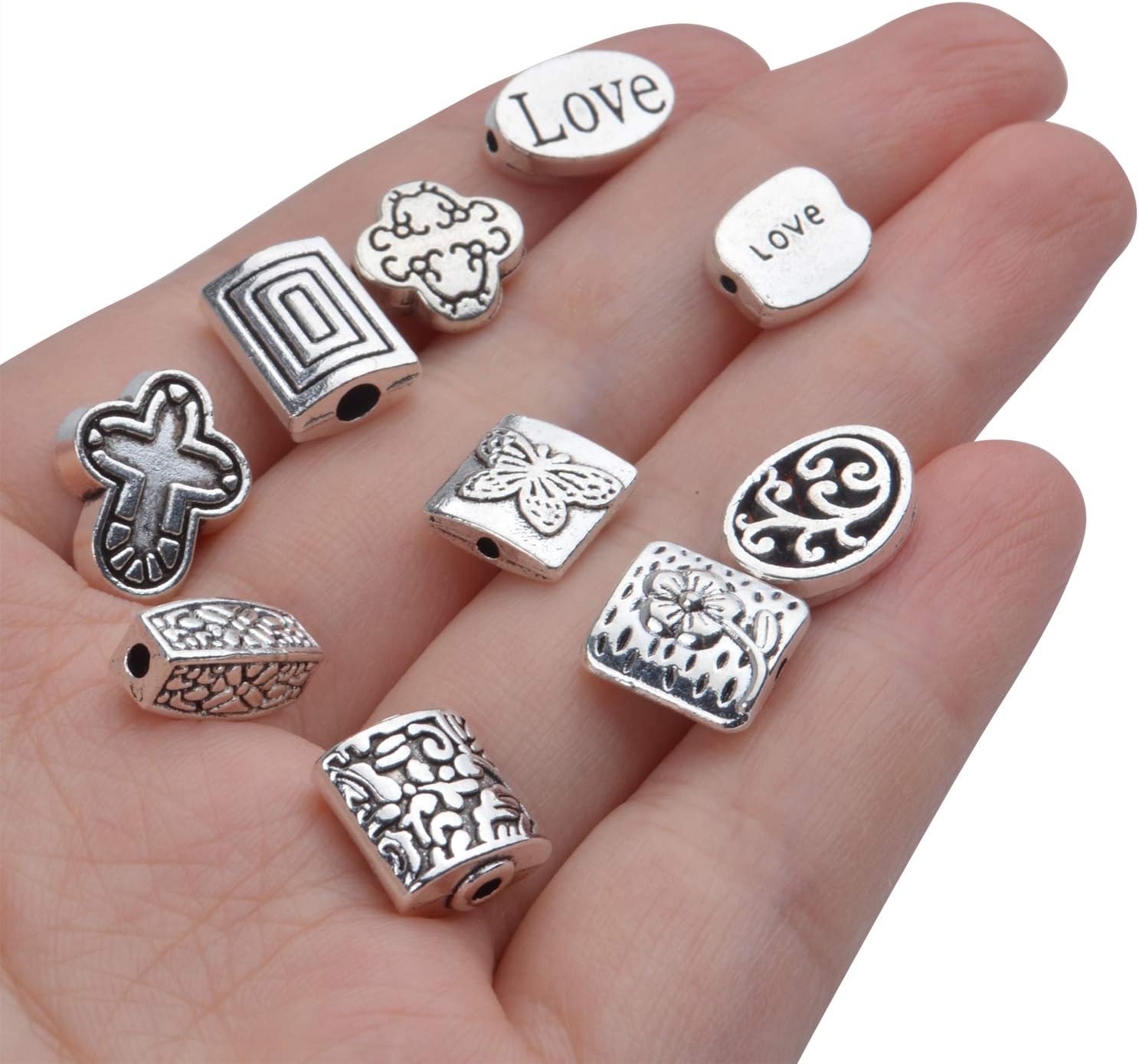 3.53oz (alrededor de 70 a 120 piezas) cuentas espaciadoras de plata antigua, mezcladas pequeñas cuentas tibetanas sueltas para hacer pulseras,