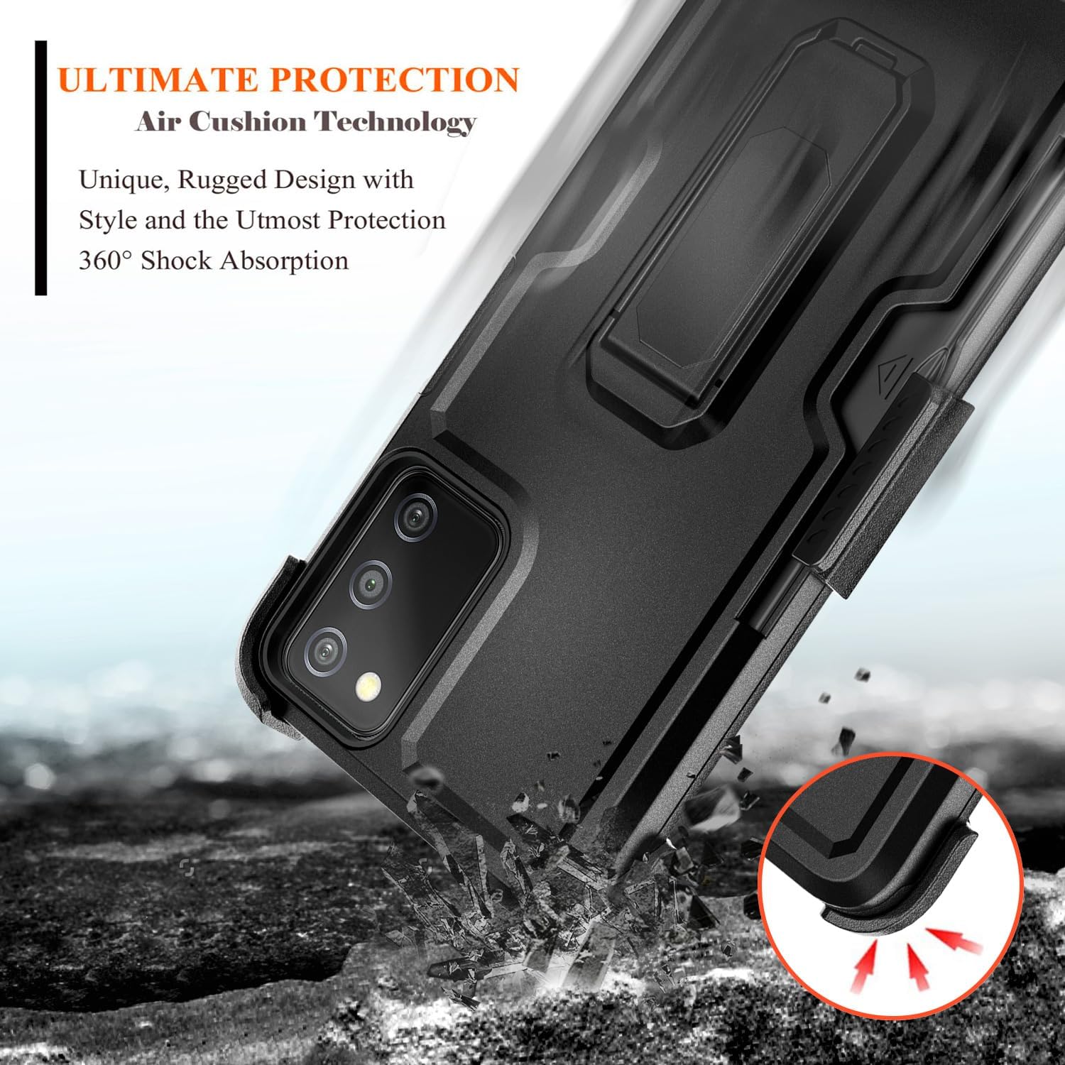 NZND Funda para Samsung Galaxy A03S con protector de pantalla de vidrio templado (cobertura máxima), funda de clip para cinturón con soporte