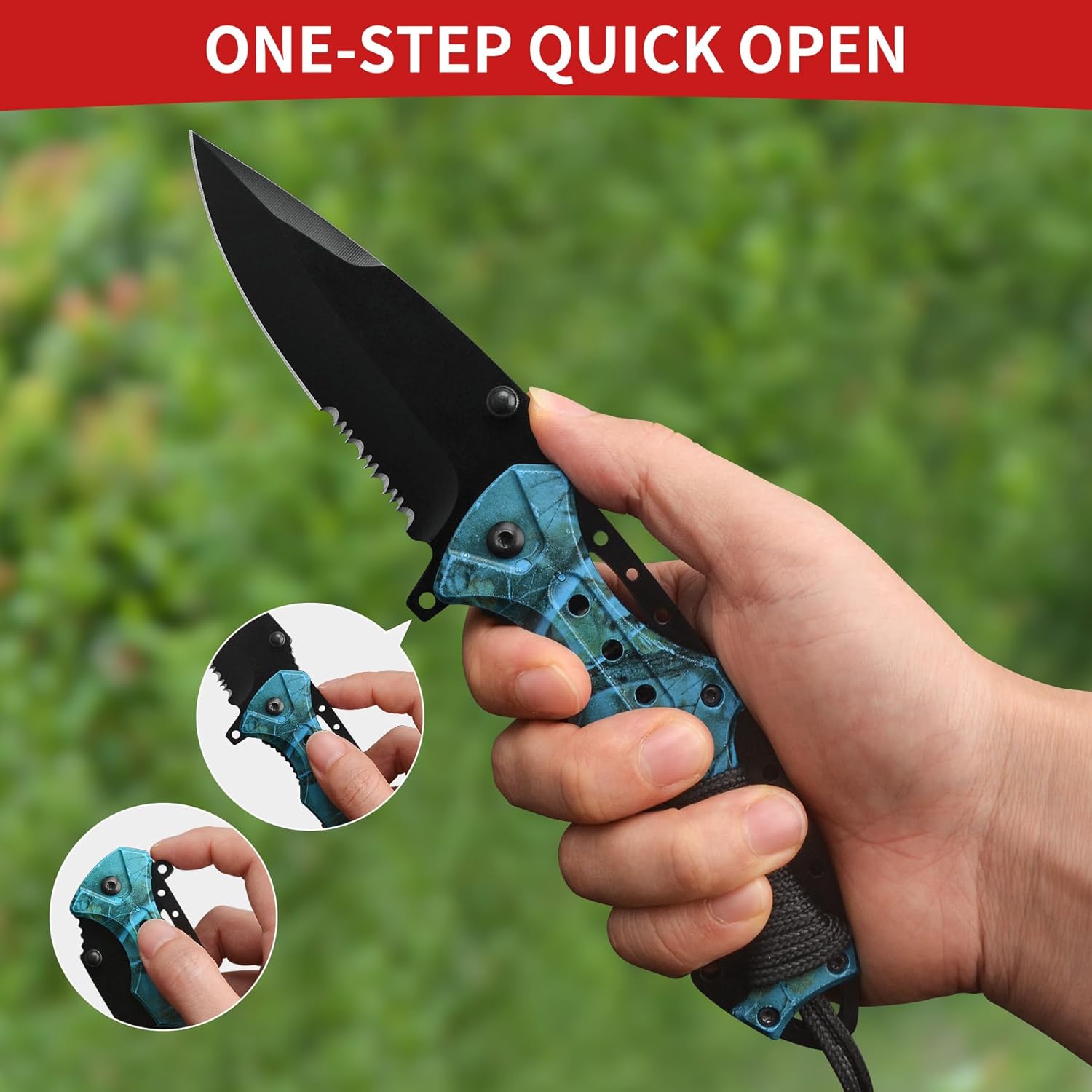 Cuchillo plegable afilado de 4.7 pulgadas, cuchillo dentado de bolsillo, cuchillos EDC con clip para cinturón y mango de cuerda para senderismo,