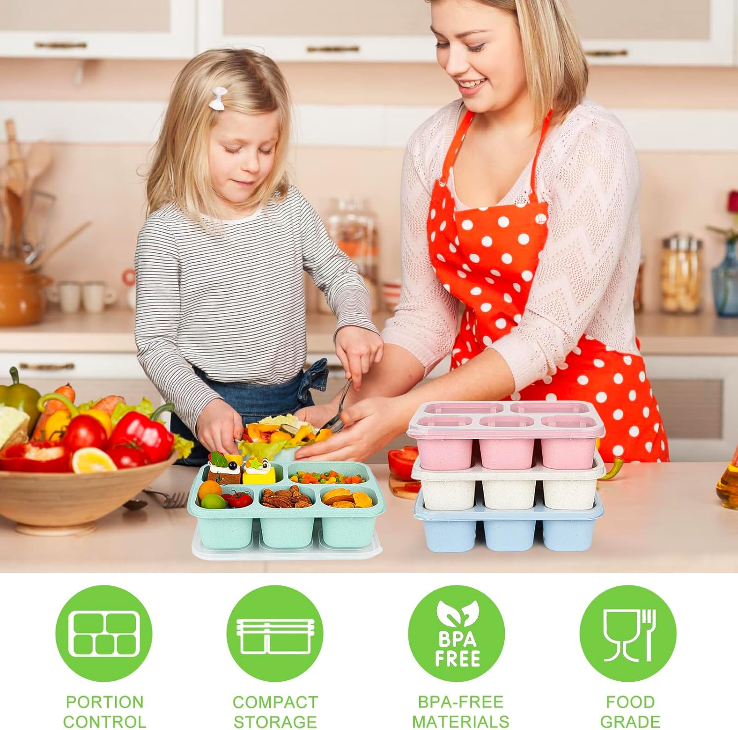 Bento – Loncheras reutilizables con 5 compartimentos, contenedores para alimentos para adultos, para la escuela, el trabajo y los viajes, juego de 4