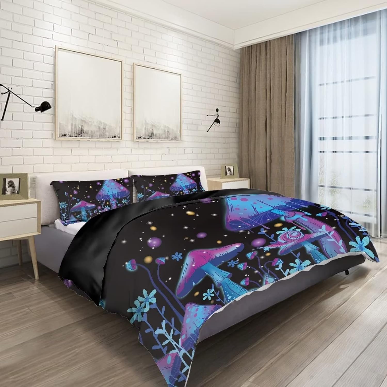 BIGCARJOB Juego de funda de edredón de hongos, juego de funda de edredón con patrón de hongos trippy, juego de ropa de cama de dibujos animados para