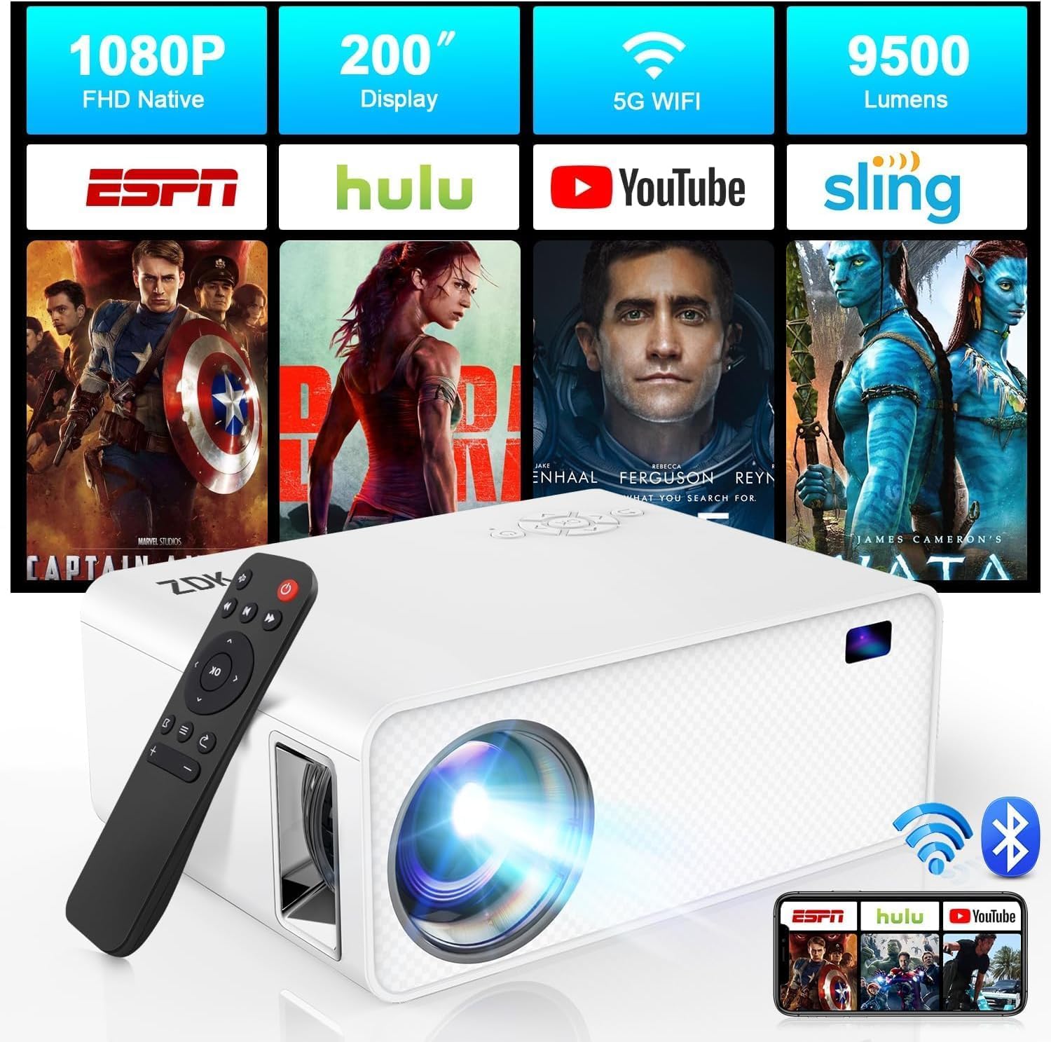 Mini proyector con WiFi 5G y Bluetooth 9500 lúmenes, ZDK Native 1080P FHD proyector de película casera de 200 pulgadas, proyector portátil de video