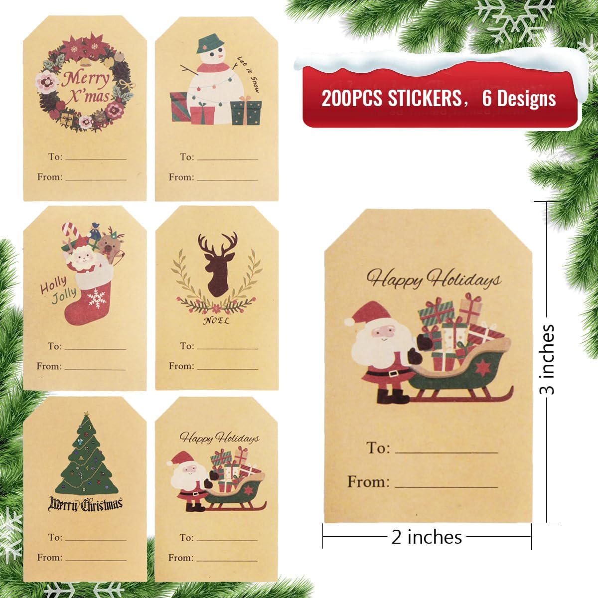 Etiquetas de regalo de Navidad para envolver desde calcomanías, 200 etiquetas de regalo autoadhesivas de papel kraft para regalos de Papá Noel,
