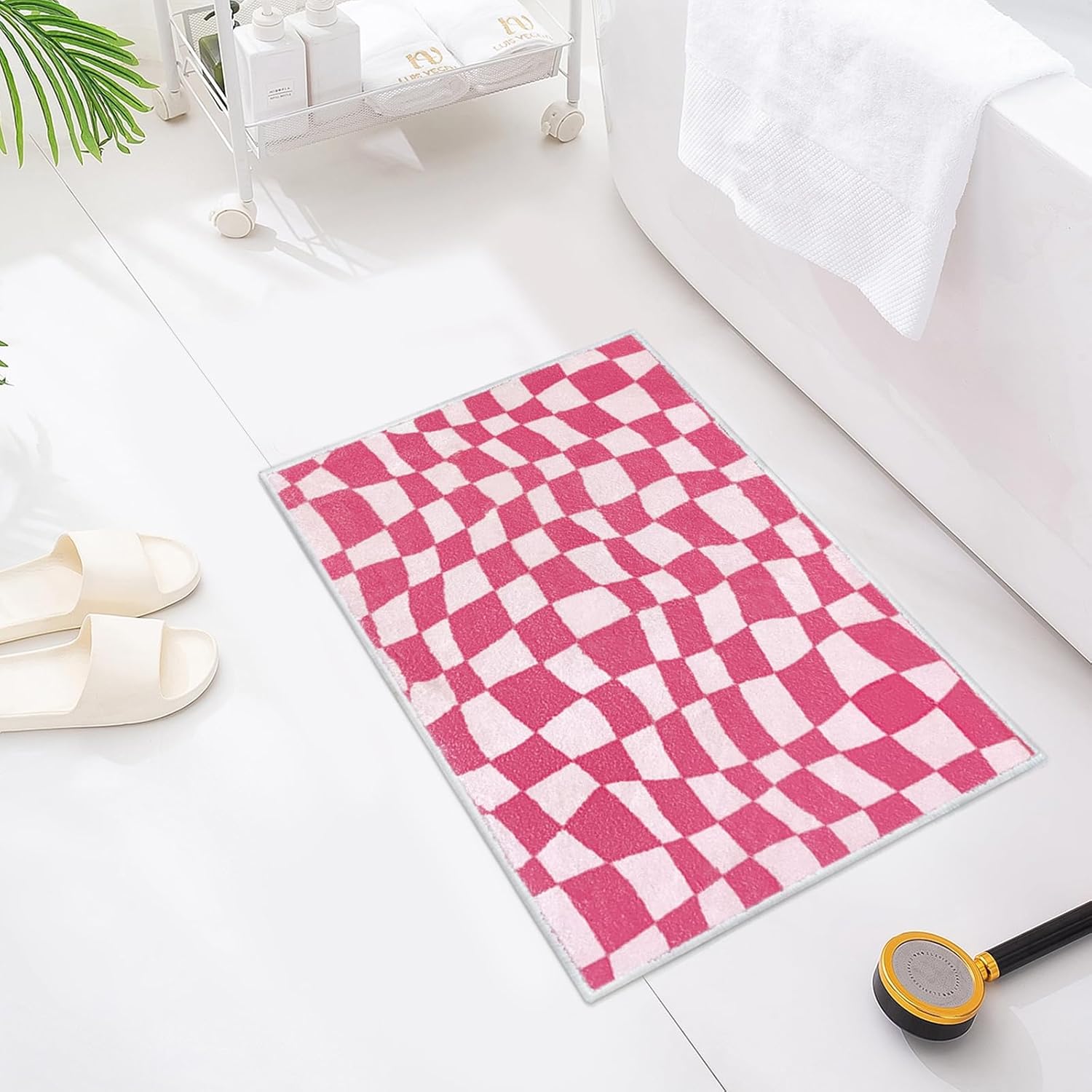 BOAZZ Alfombra de baño rosa Preppy Decoración de habitación (a cuadros)