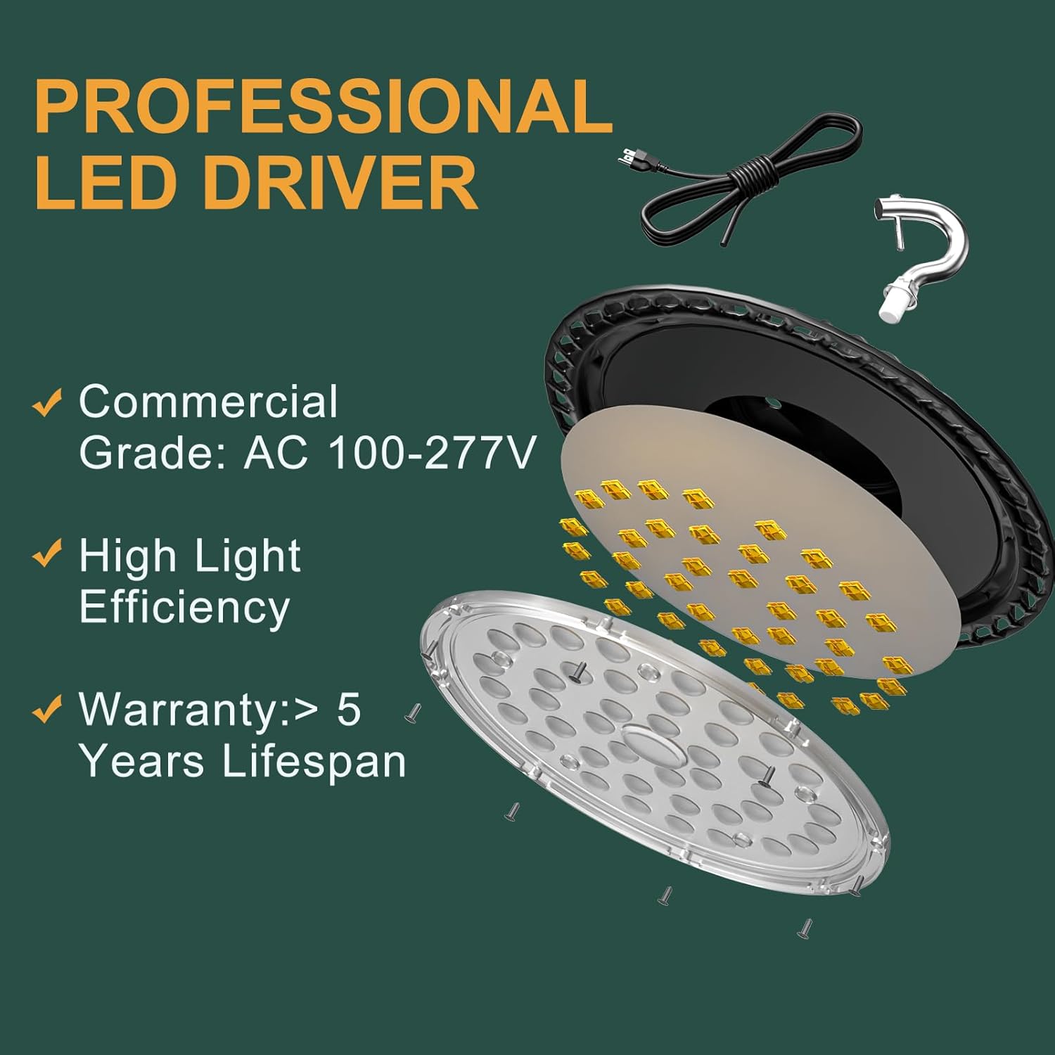 ACOHOOK Luz LED UFO de alta bahía de 150 W, 21000 lm (Eqv.600 W MHHPS) luces LED de alta bahía, luces LED de alta bahía, 5000 K, enchufe de EE. UU