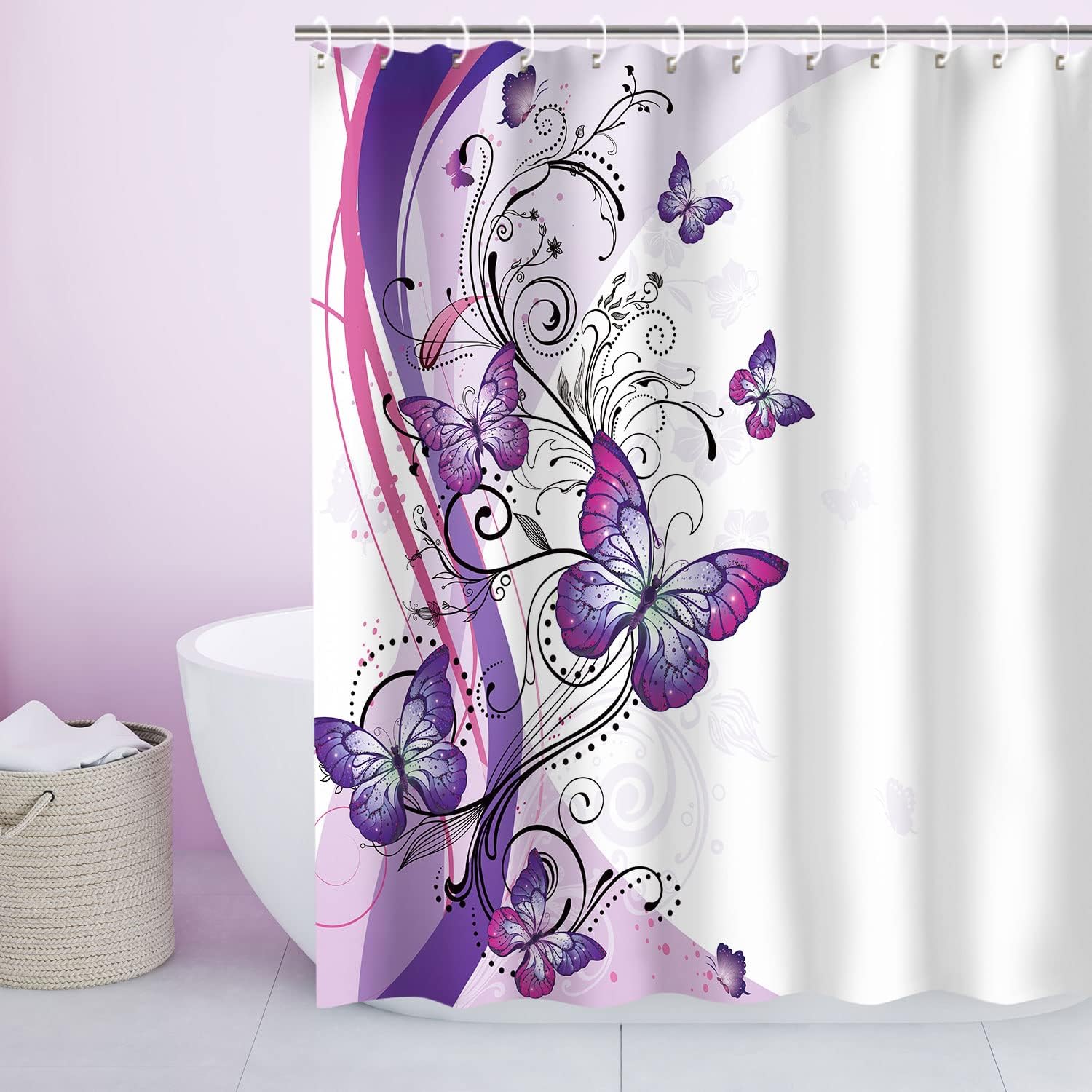 LIVILIAN – Cortina de ducha de mariposa con ganchos, cortina de ducha floral en remolino, cortinas de ducha de mariposa para baño, lavable a