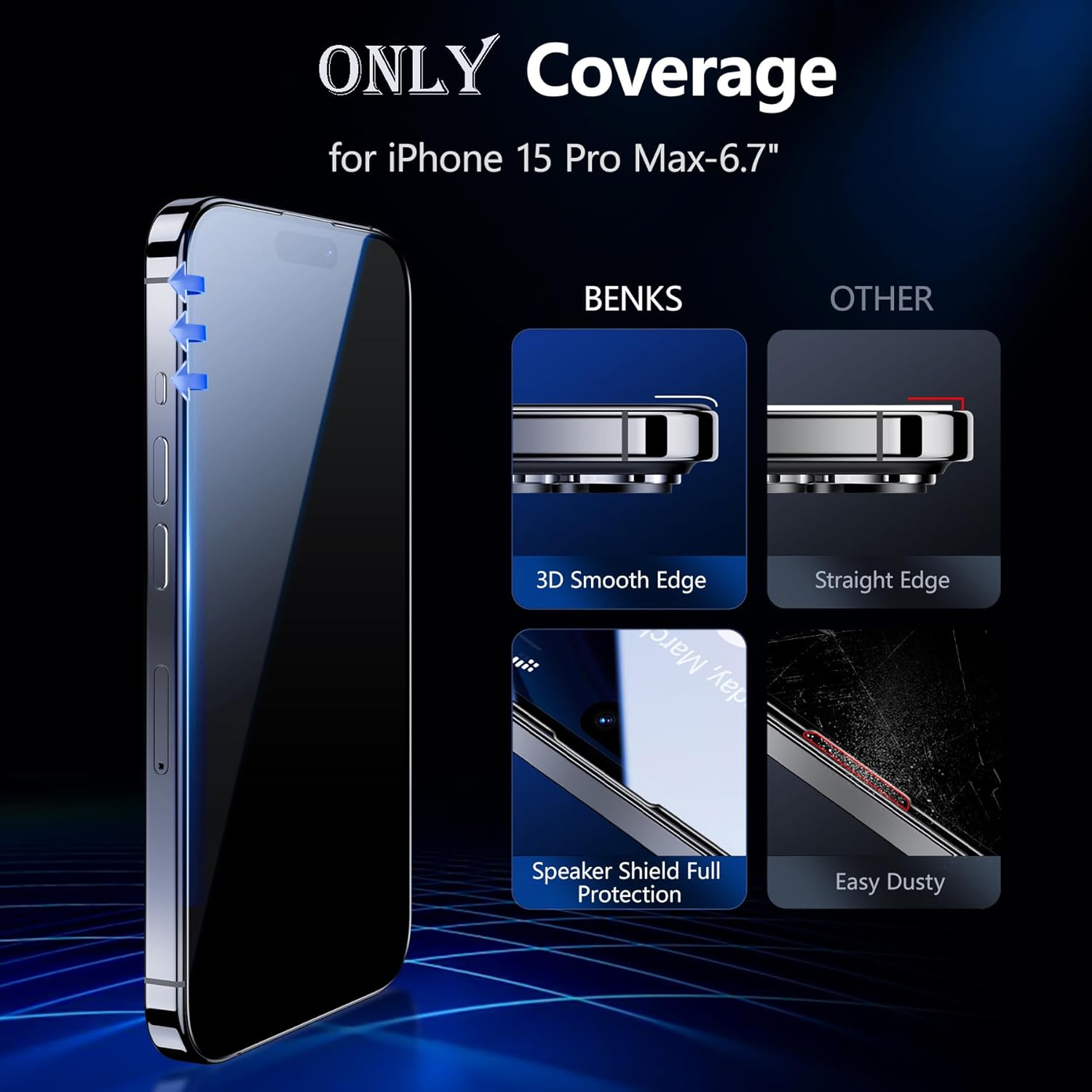 BENKS Protector de pantalla de privacidad para iPhone 15 Pro Max (2023, 6.7 pulgadas), actualizado 25, película de vidrio templado invisible