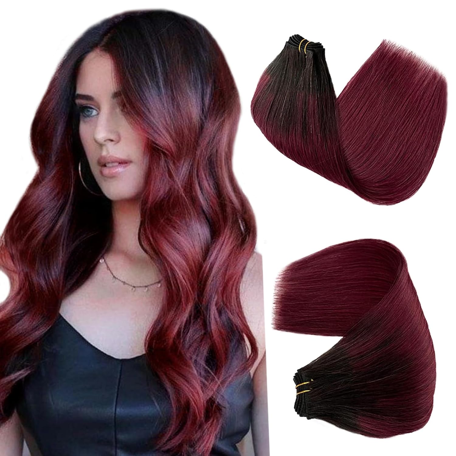 Extensiones de cabello humano para coser, color burdeos, atadas a mano, extensiones de cabello de trama de 16 pulgadas, sedosas y lacias,