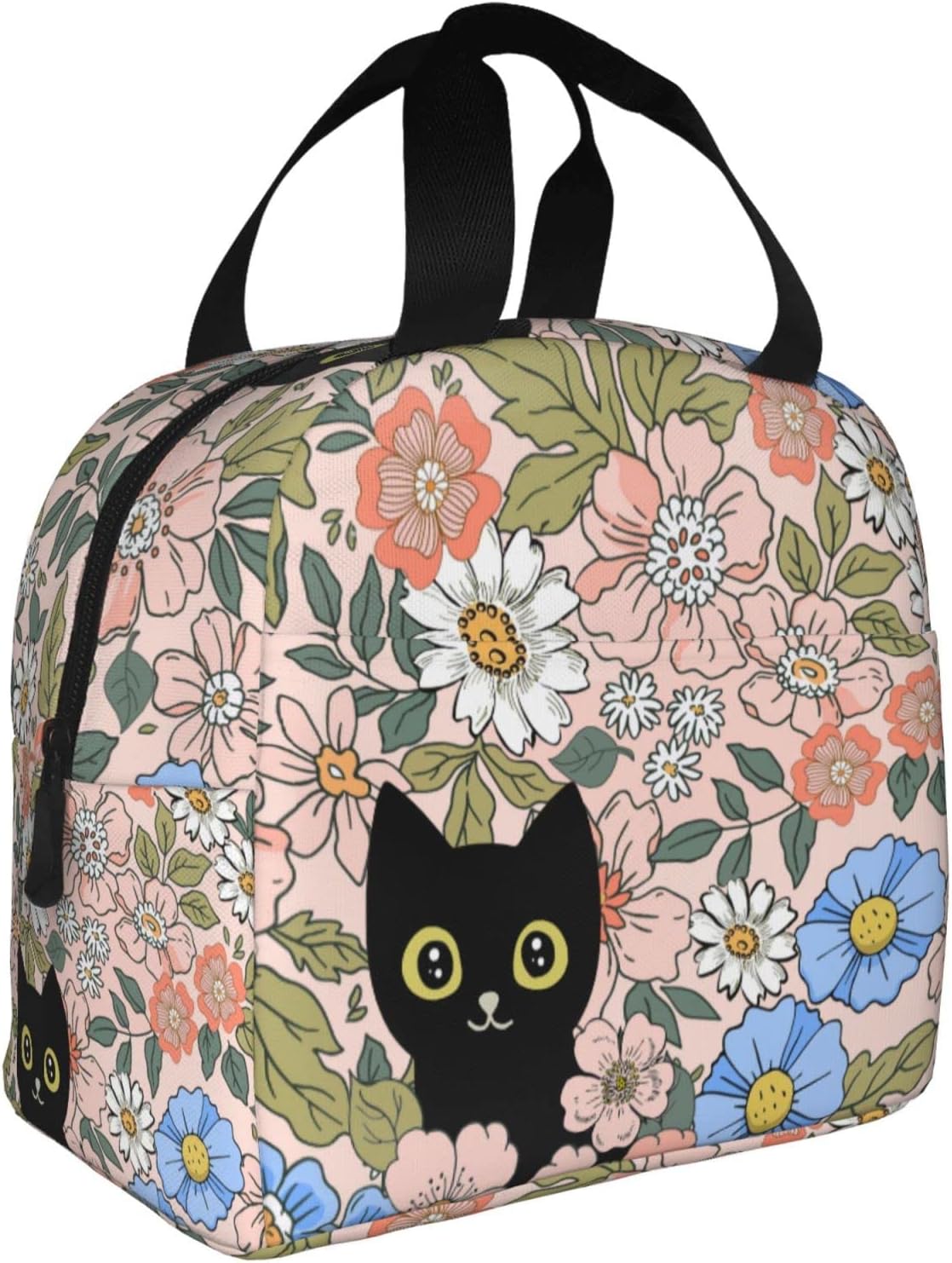 HIZUWKY Lonchera con diseño floral de gato negro, reutilizable, aislada, para adolescentes, niñas, niños, mujeres, para escuela, viajes, picnic,