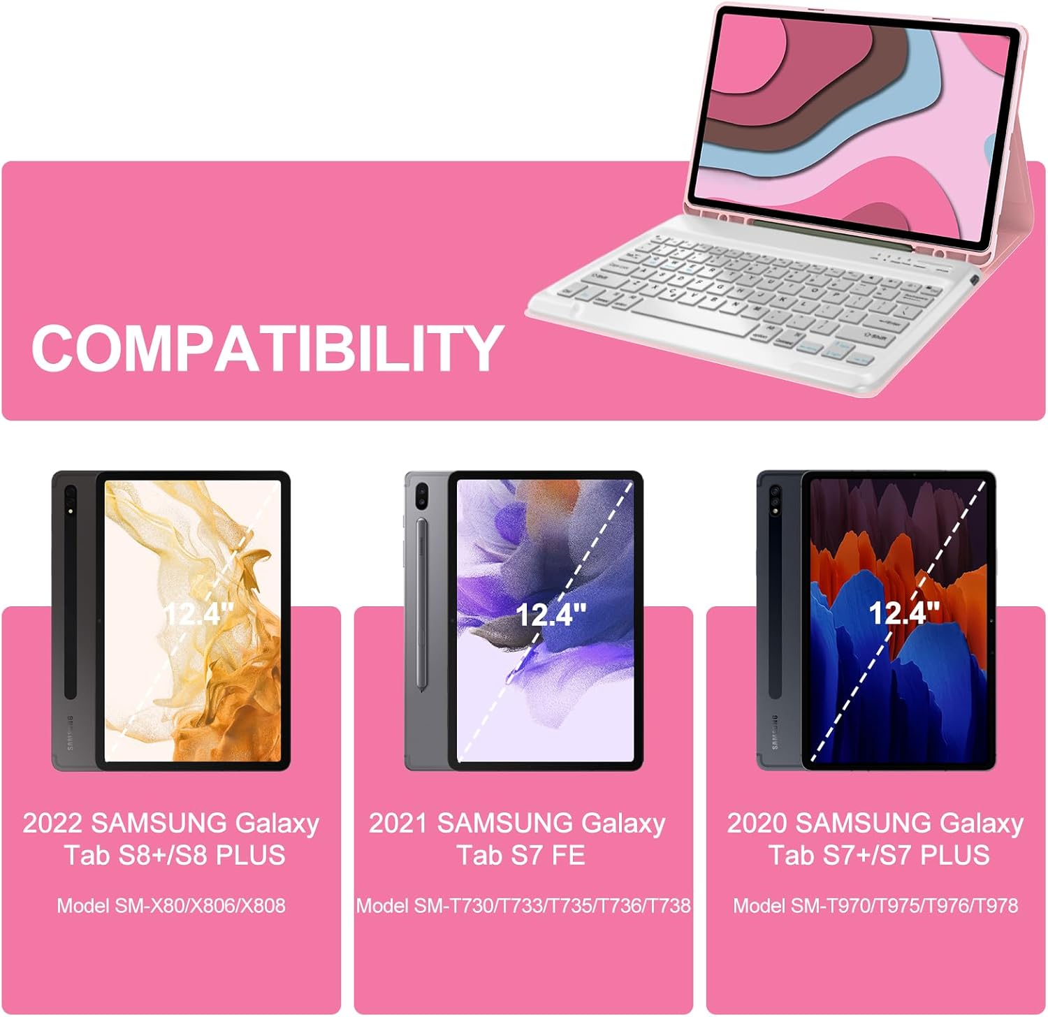 Funda para Samsung Galaxy Tab S7 FE (5G)S8 PlusS7 Plus con teclado, teclado Bluetooth inalámbrico desmontable, funda protectora con soporte, funda