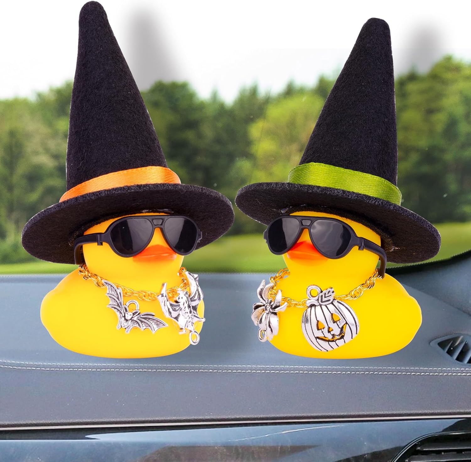 Adornos de pato de goma para automóvil, decoraciones de tablero de automóvil con sombrero de bruja pequeño, gafas de sol, collar, accesorios de