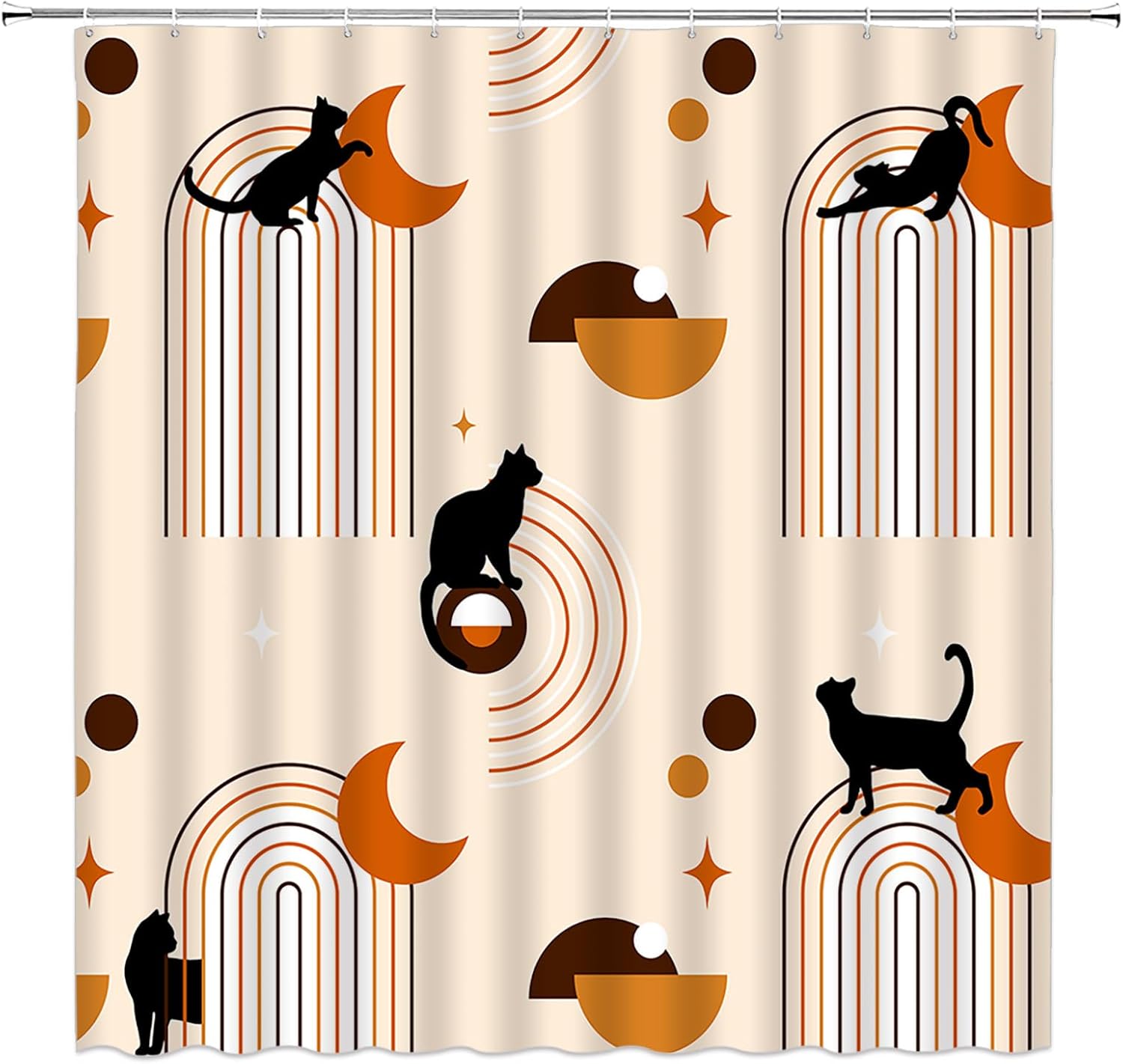 Cortina de ducha moderna de mediados de siglo, diseño retro atómico, gato negro, bohemio, arco iris, abstracto, geométrico, minimalista, divertido,