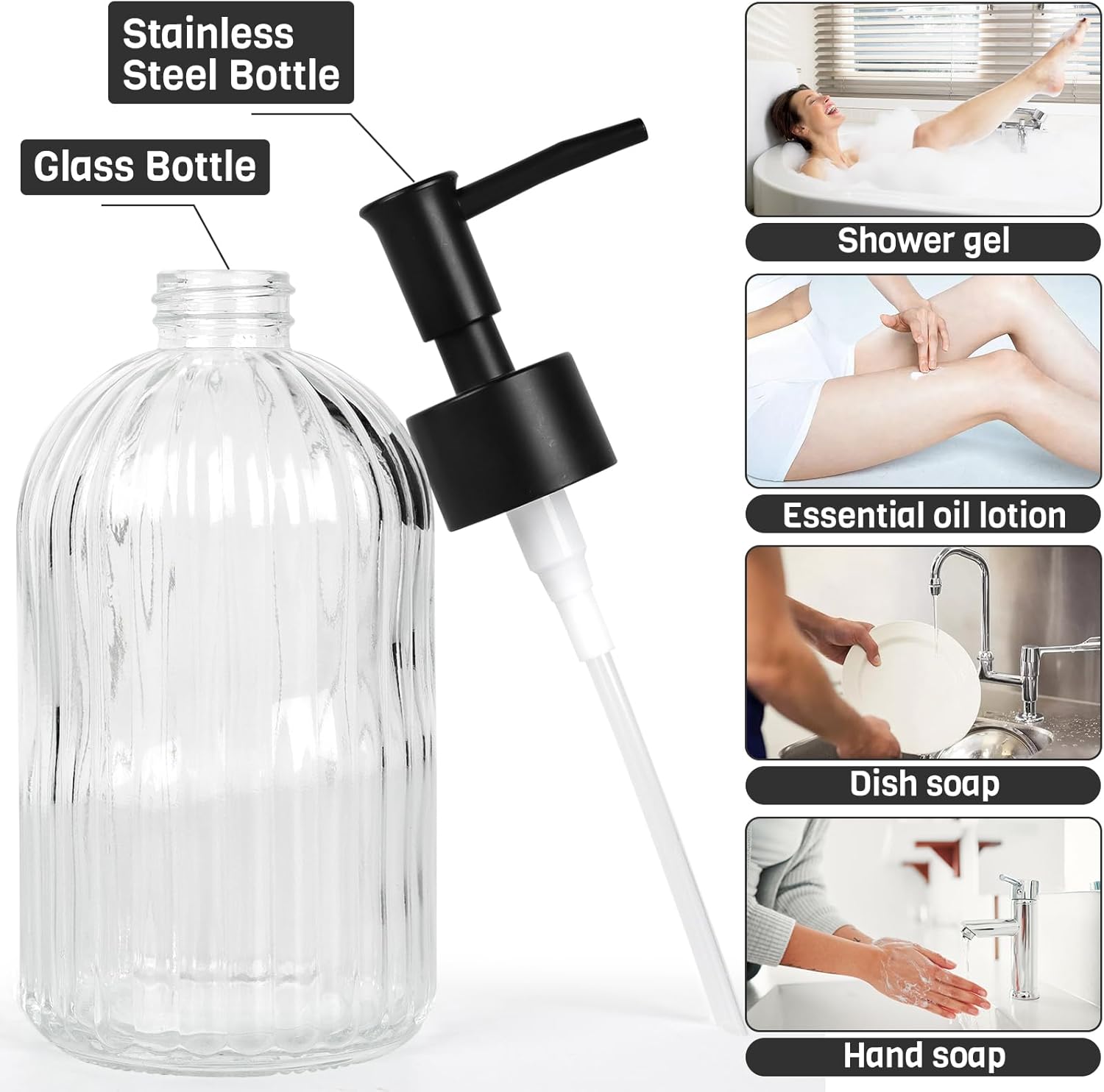 Ulable Paquete de 2 dispensadores de jabón de vidrio transparente con bomba, dispensador de jabón recargable de 13.5 onzas con rayas verticales para