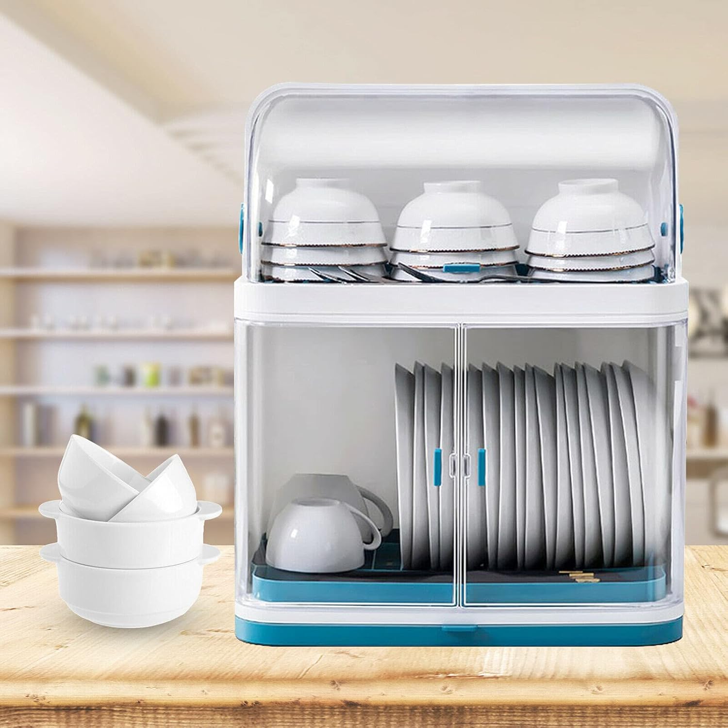 Escurridor de platos de cocina, caja de almacenamiento de plástico a prueba de polvo de 2 niveles, cesta para cubiertos, organizador de utensilios