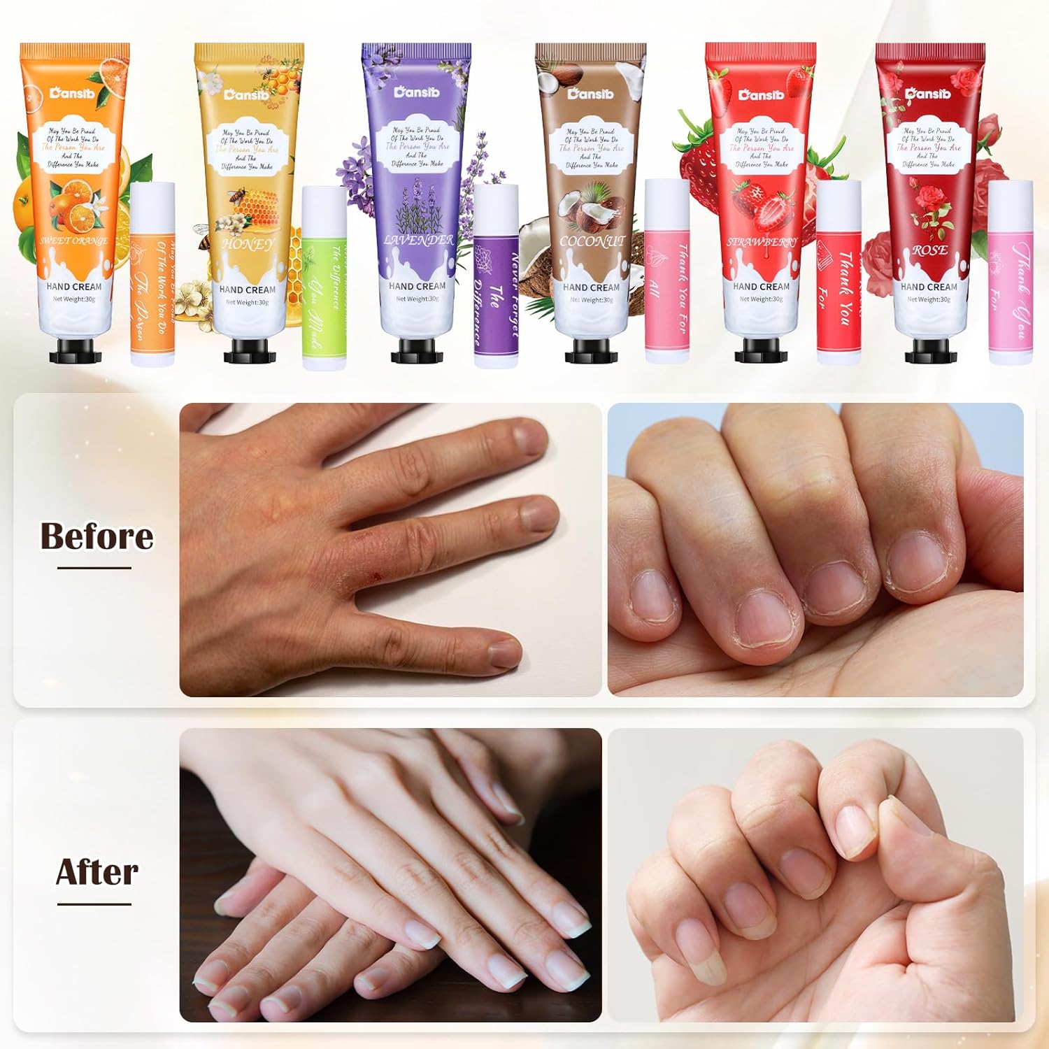 Regalos de agradecimiento para empleados crema de manos y bálsamo labial a granel con bolsa de organza, tarjeta de agradecimiento, loción de manos,
