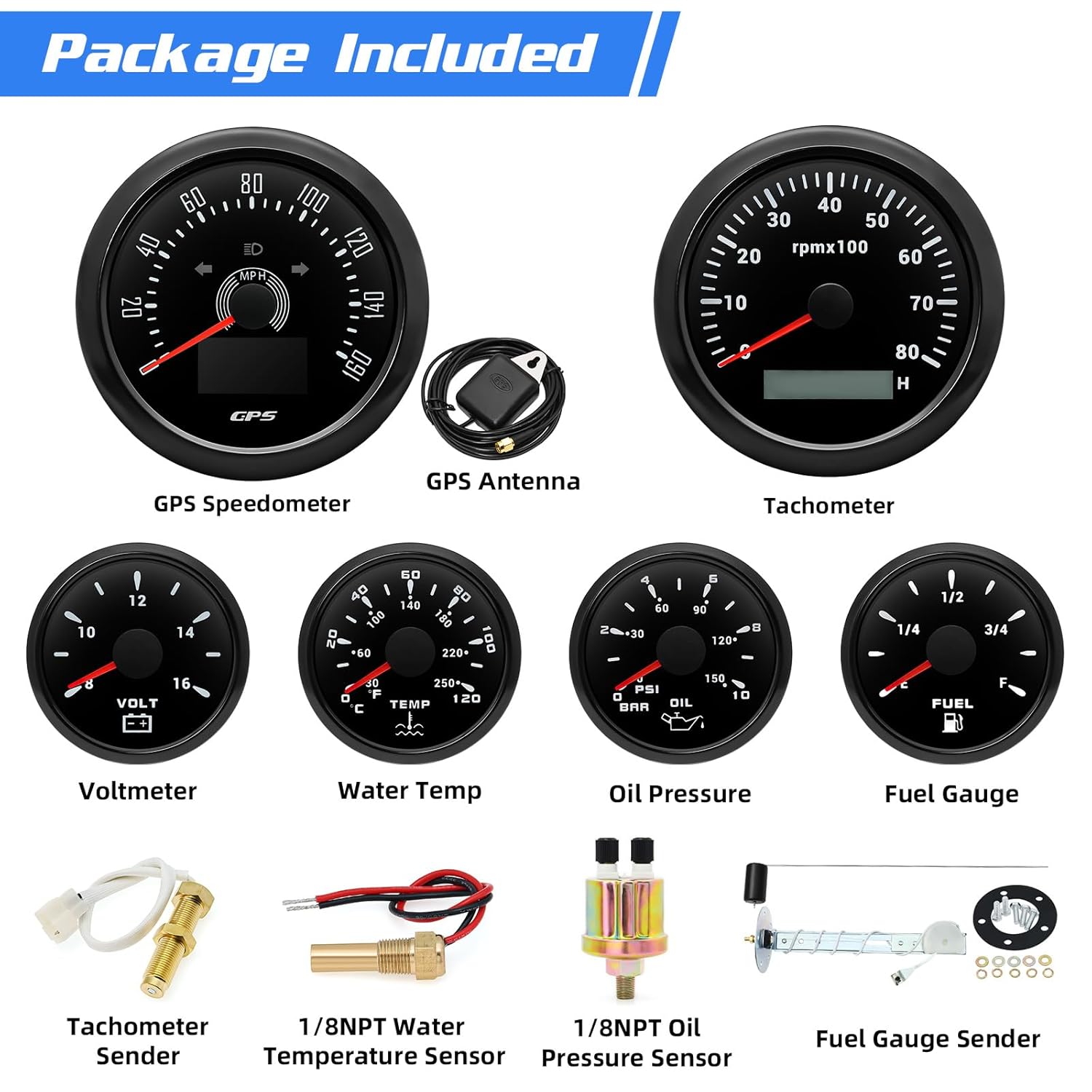 Faymizsa Juego de 6 calibres de 7 colores, velocímetro GPS de 3-38 pulgadas, 160 MPH y tacómetro, medidor de presión de aceite de 2-116 pulgadas,