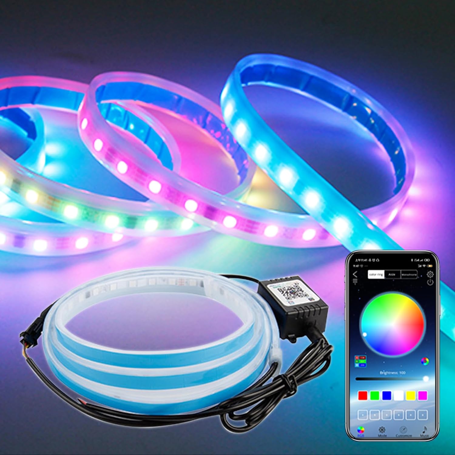 Tira de luces LED para capó de automóvil, 70 pulgadas, RGB multicolor, luces exteriores de automóvil con luz dinámica de circulación diurna A