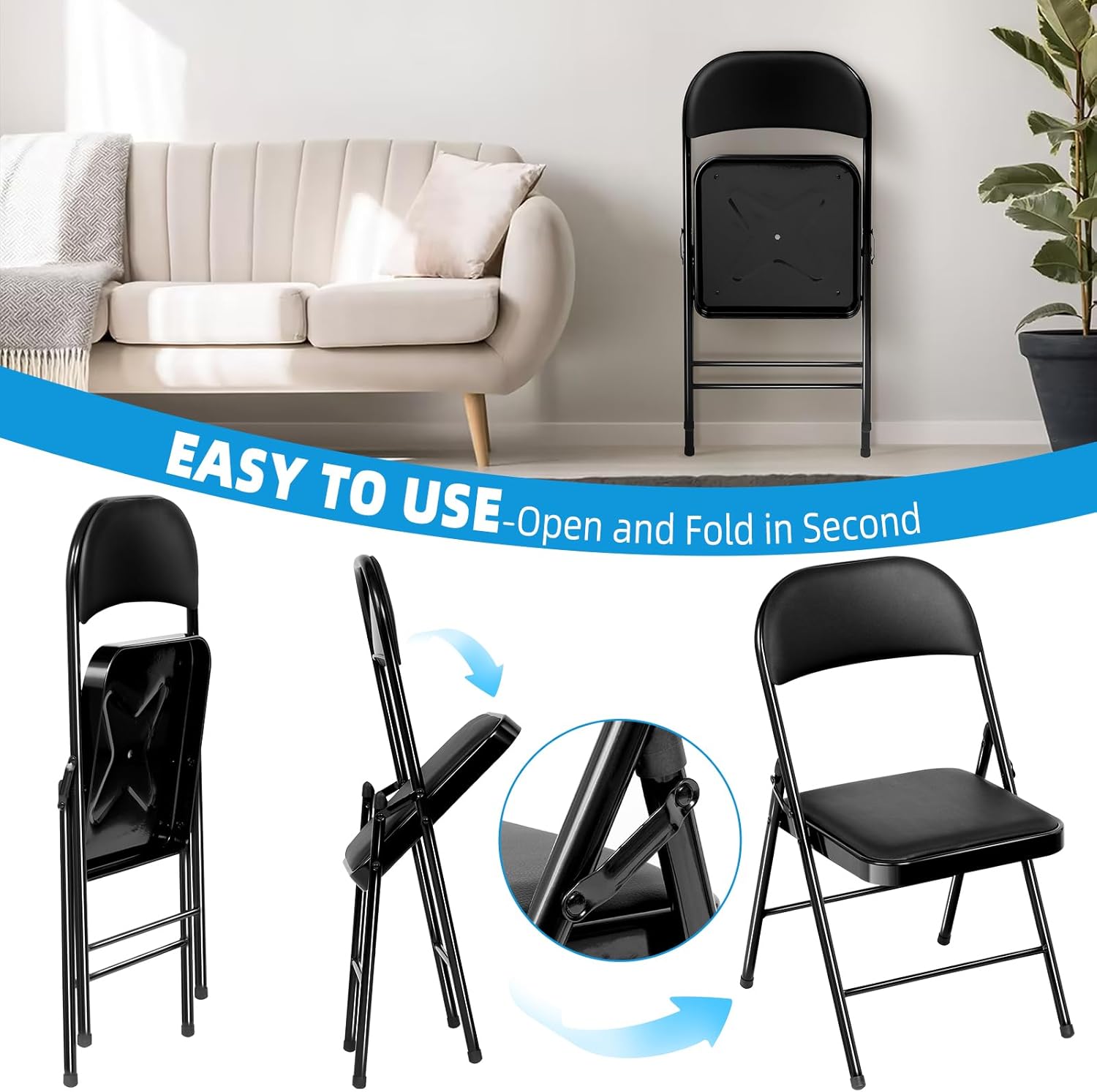 Sillas plegables con asientos acolchados, paquete de 4 sillas plegables acolchadas con marco de acero para el hogar y la oficina, eventos en