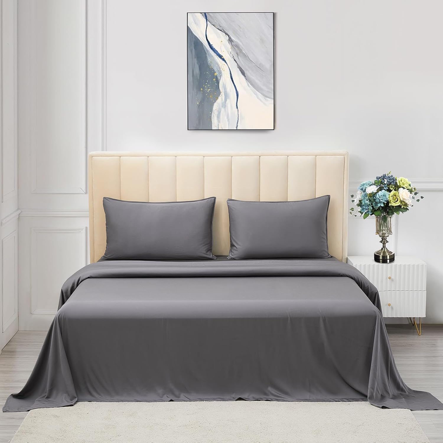 Sábanas suaves de hotel de rayón de 16 pulgadas de profundidad para cama matrimonial, refrescantes, transpirables y sedosas, color gris oscuro