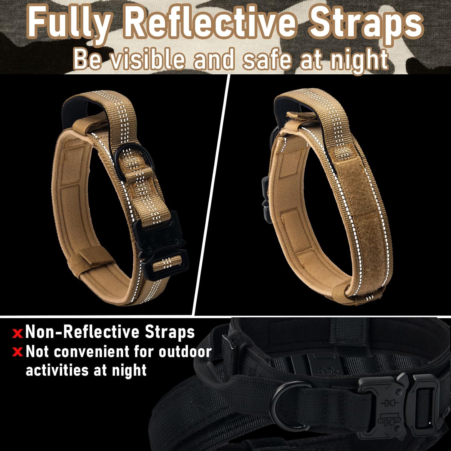 Collar táctico para perro, collar ajustable de entrenamiento militar con mango suave, correas de nailon reflectantes, hebilla de metal resistente