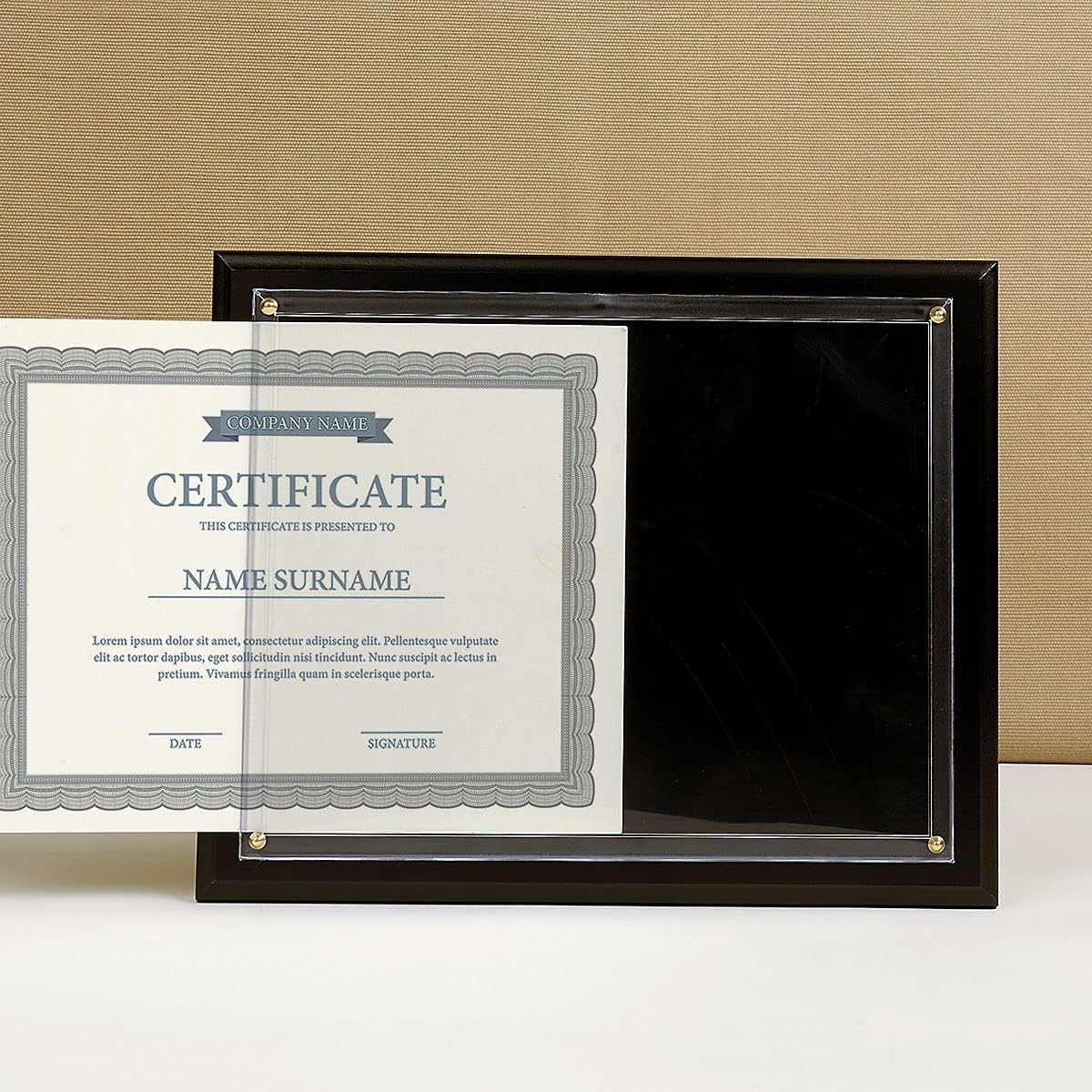 Fine Stationery Placa plana negra con certificado de premio, certificado o diploma deslizable de 8.5 x 11 pulgadas, marco de pared