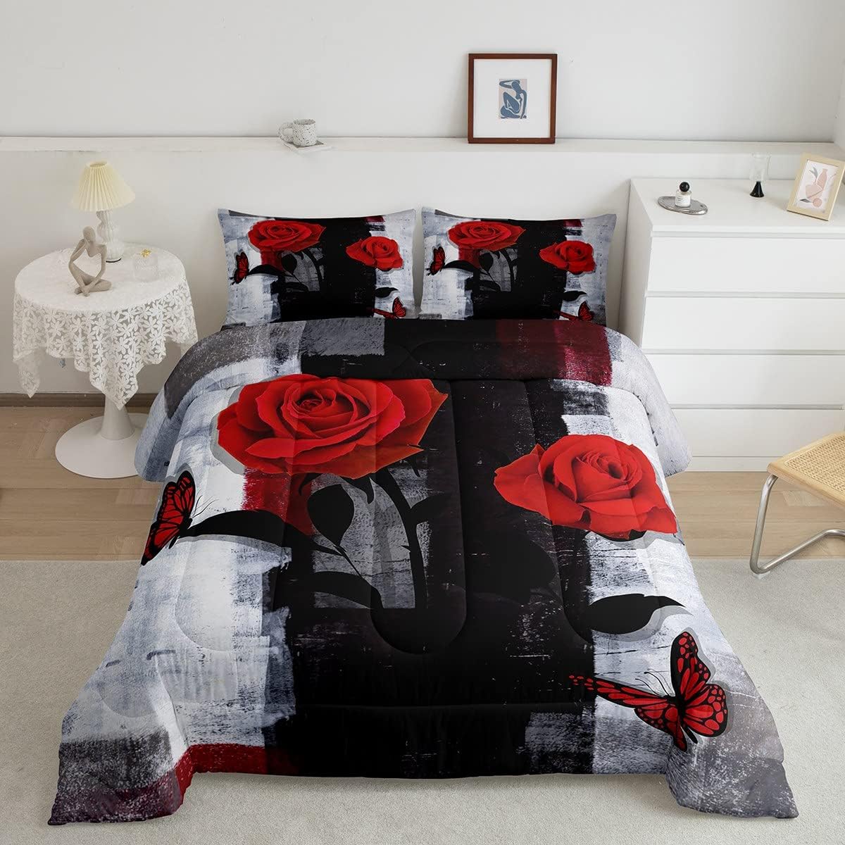 Erosebridal Juego de edredón rústico de rosas para niños, adolescentes y jóvenes, relleno de edredón de acuarela negra y gris degradada, juegos de